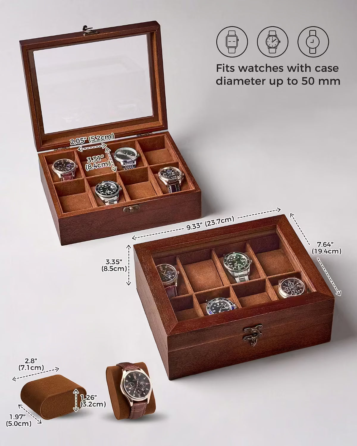A wooden watch box set shown on a light gray background, with one open box displaying multiple watch cushions and several watches inside, plus a second closed view showing dimensions. Text and icons indicate the box fits watches with a case diameter up to 50 mm.