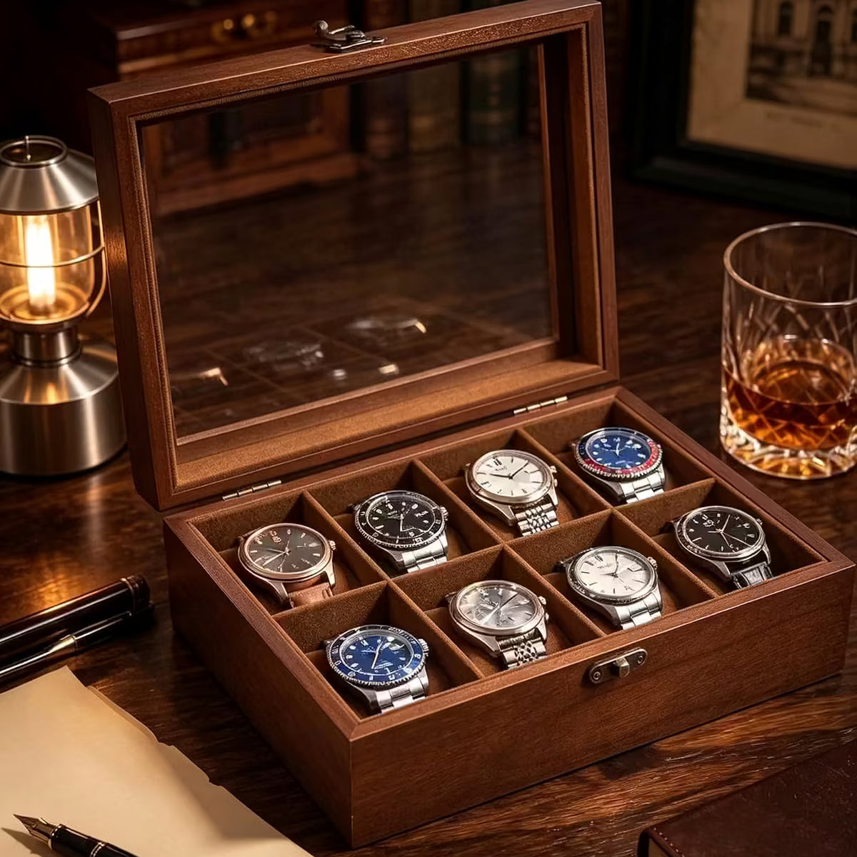 A wooden watch display box with a glass lid, shown open on a dark wooden table. Inside are eight watch cushions holding six wristwatches in silver and blue tones.