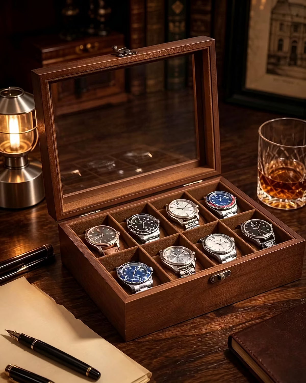 A wooden watch display box with a glass lid, shown open on a dark wooden table. Inside are eight watch cushions holding six wristwatches in silver and blue tones.