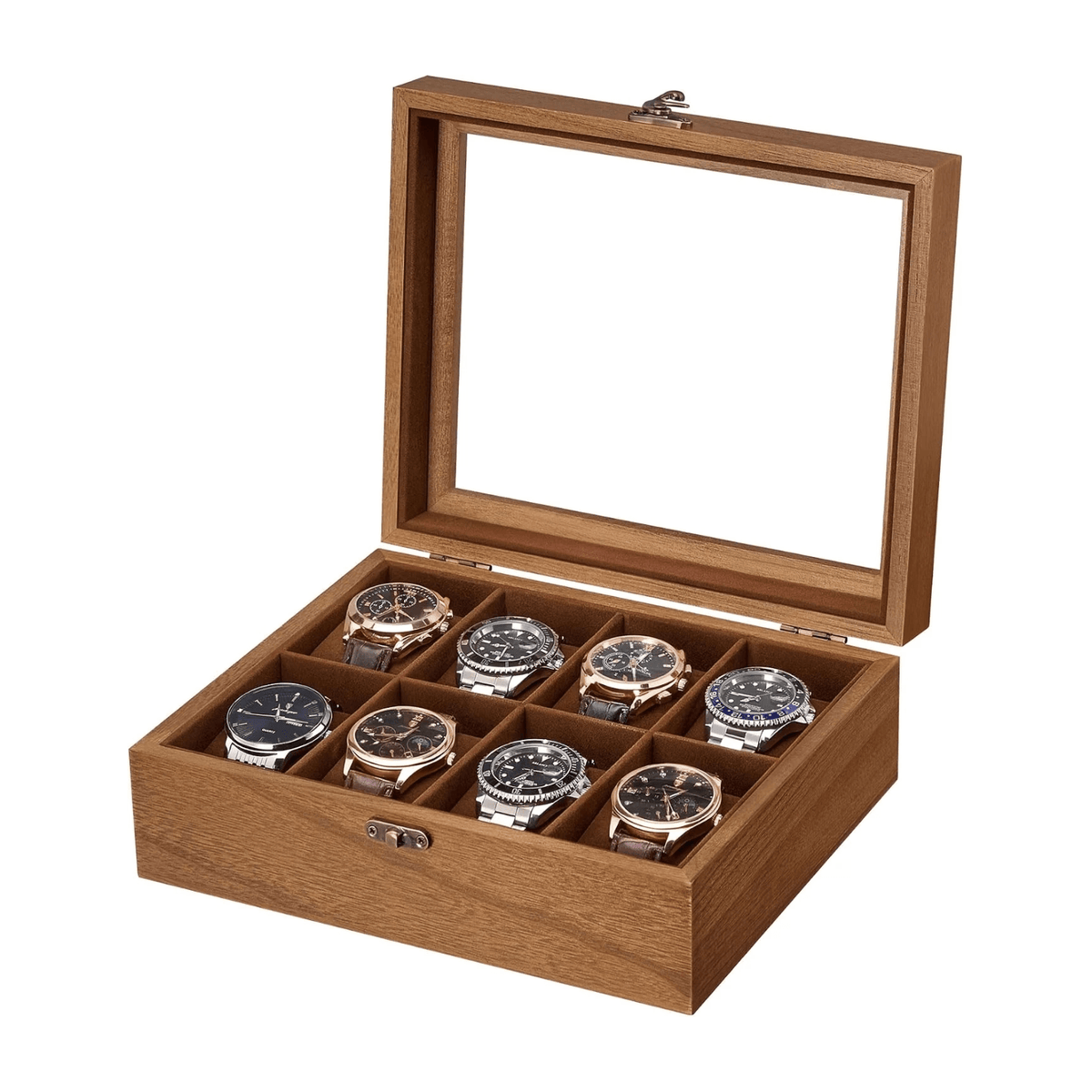 An open wooden watch display box with a glass lid, holding eight wristwatches on a plain white background.