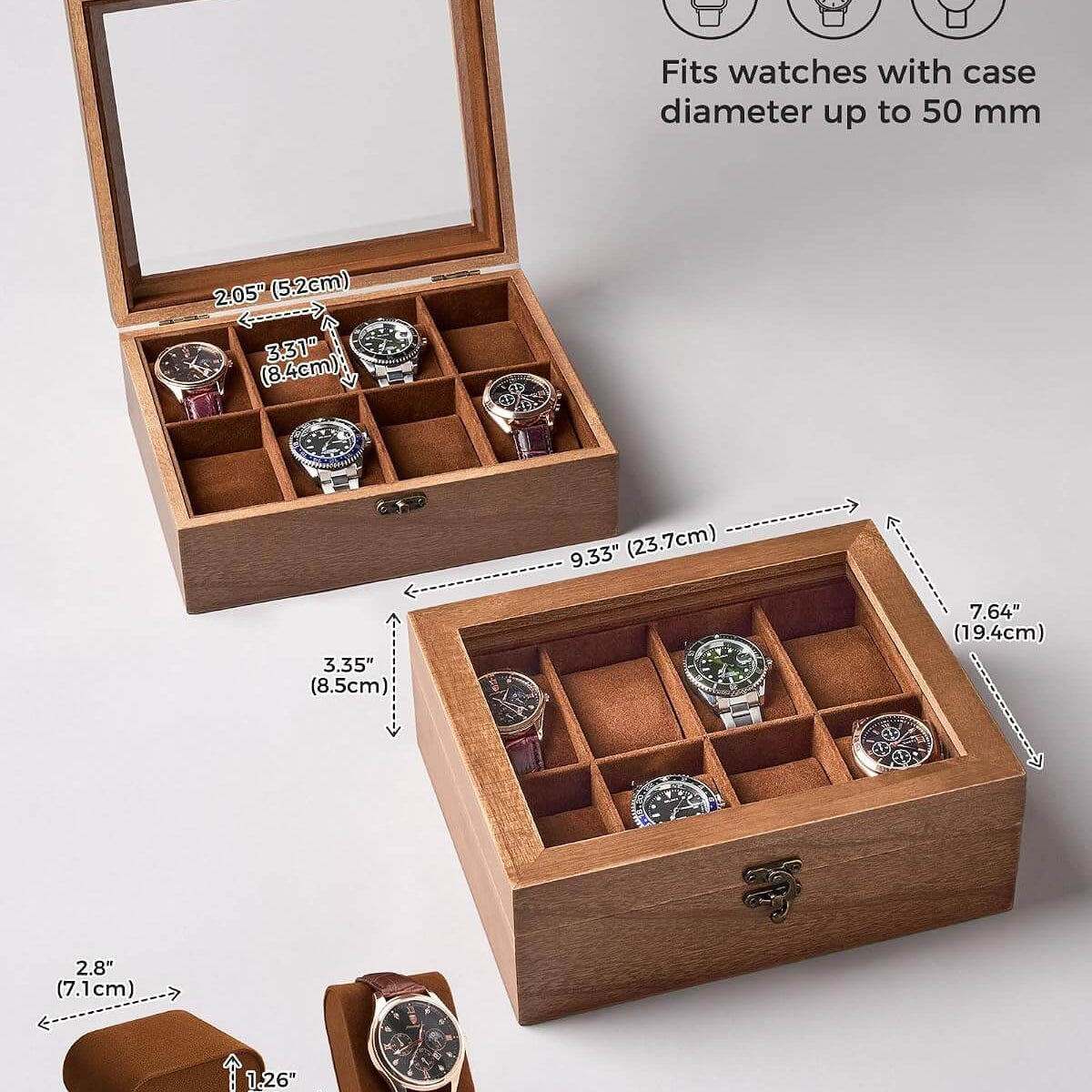 A wooden watch box set shown on a light gray background, with one open box displaying multiple watch slots and one closed box showing interior compartments. The image includes dimension callouts for the box size and a small inset showing the watch cushion profile.