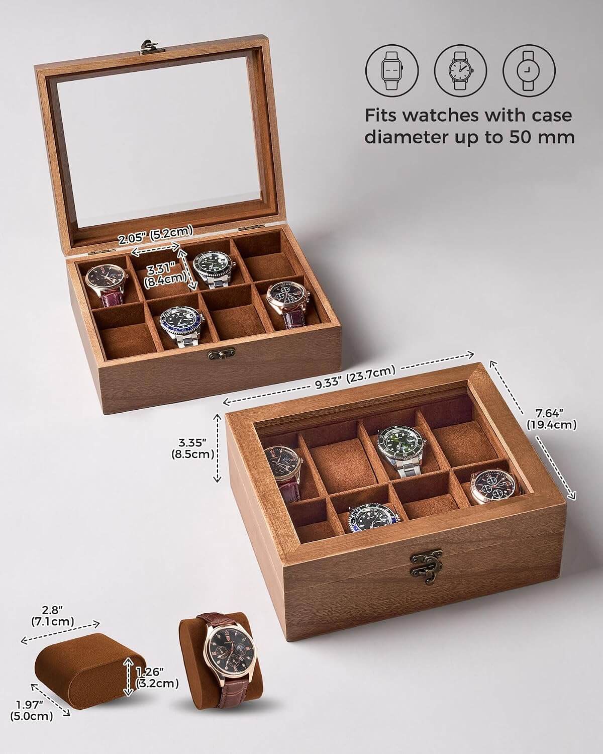 A wooden watch box set shown on a light gray background, with one open box displaying multiple watch slots and one closed box showing interior compartments. The image includes dimension callouts for the box size and a small inset showing the watch cushion profile.