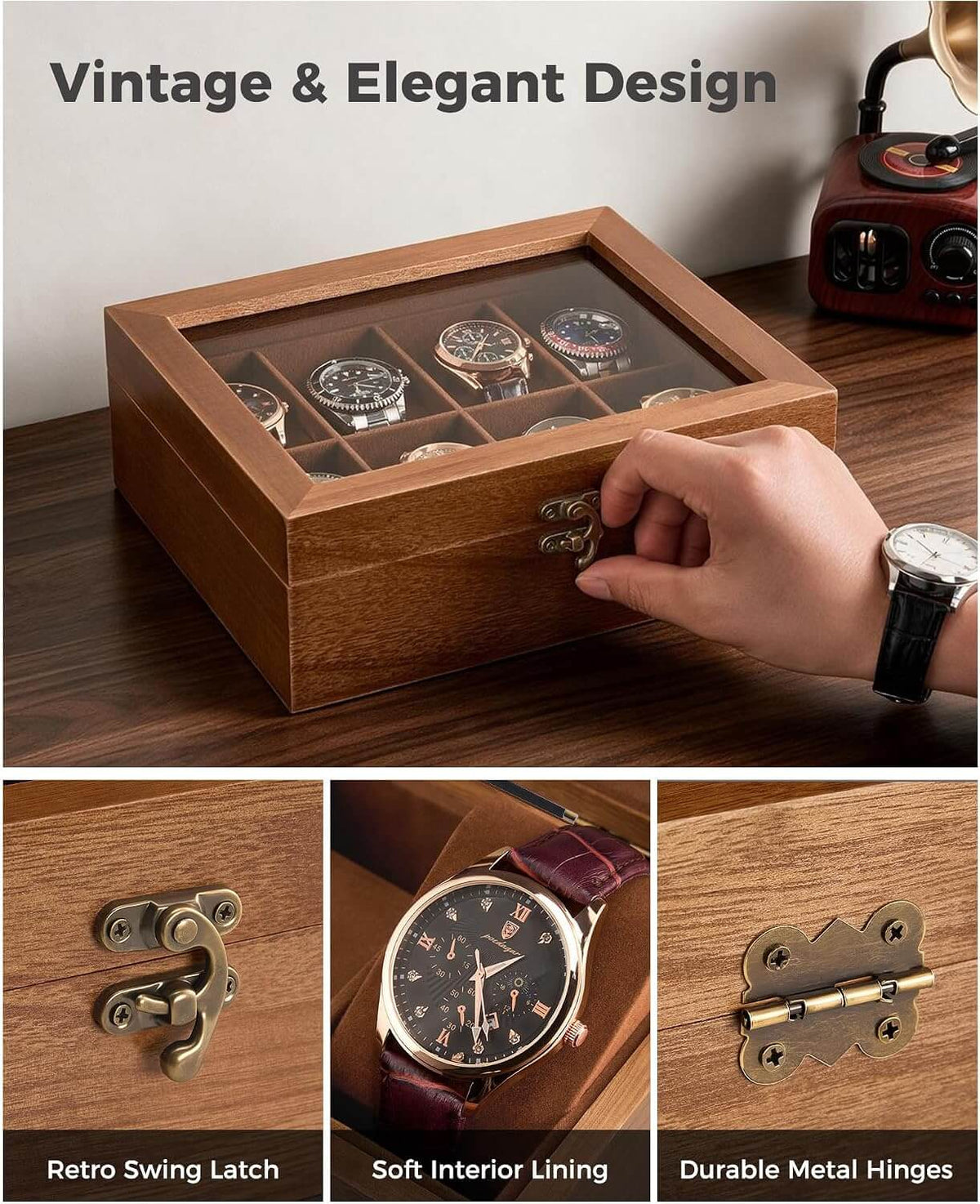 A wooden watch display box with a glass top and vintage-style metal latches, shown on a wooden table with a hand opening the front clasp. The top panel includes the text 'Vintage & Elegant Design' and shows watches stored inside.