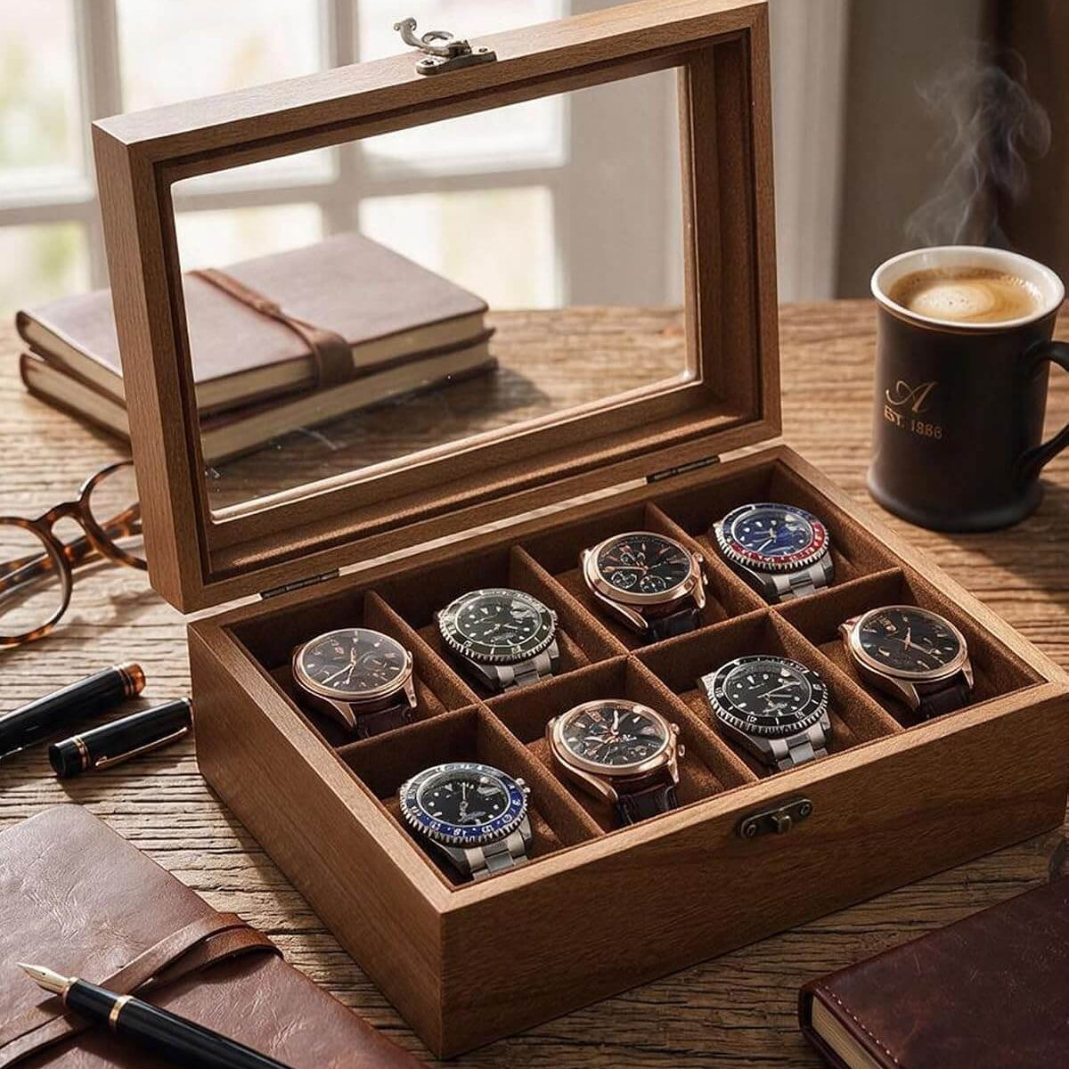 An open wooden watch display box with a glass lid, holding eight wristwatches, styled on a wooden desk with notebooks, pens, and a coffee mug in a warm indoor setting.