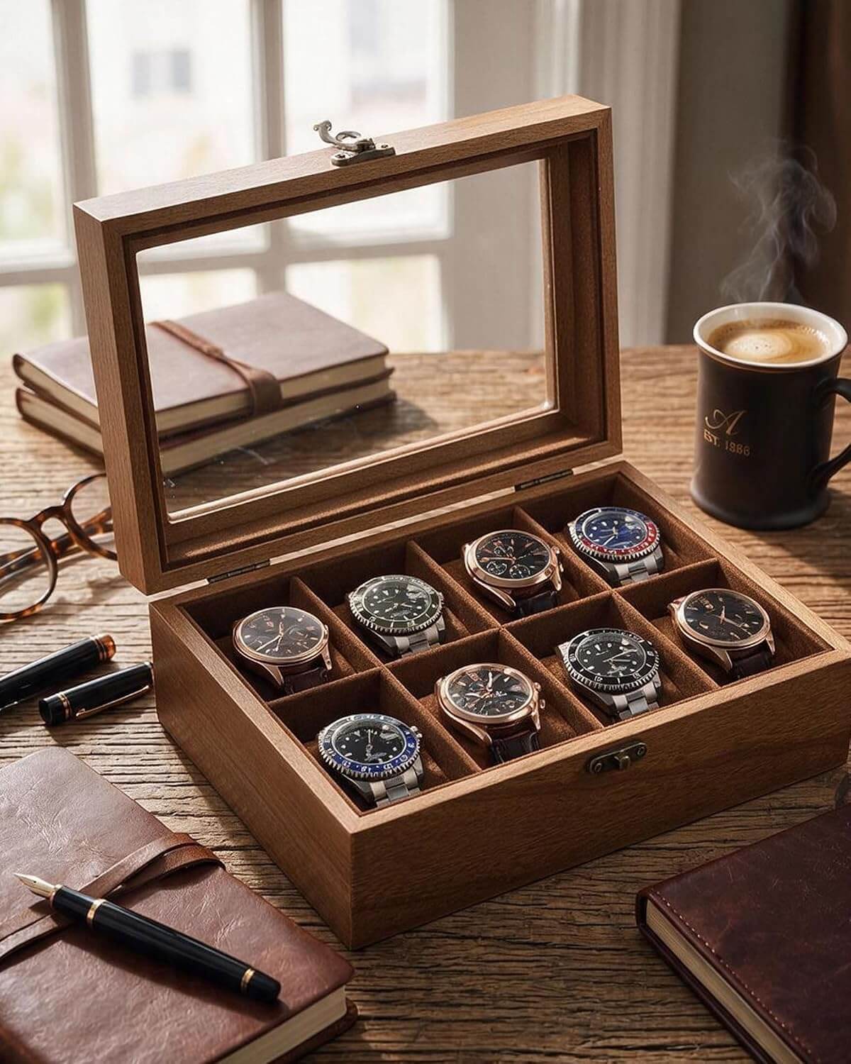 An open wooden watch display box with a glass lid, holding eight wristwatches, styled on a wooden desk with notebooks, pens, and a coffee mug in a warm indoor setting.