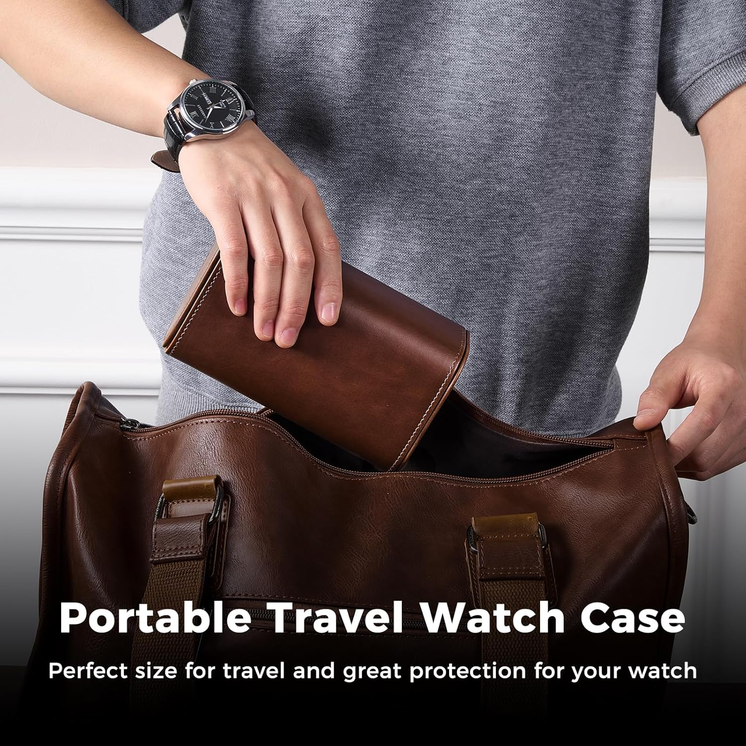 Watch Travel Case, 2 Slots PU Leather Watch Roll Box for Men, Portable Watch Holder Organizer, Gifts Ideas