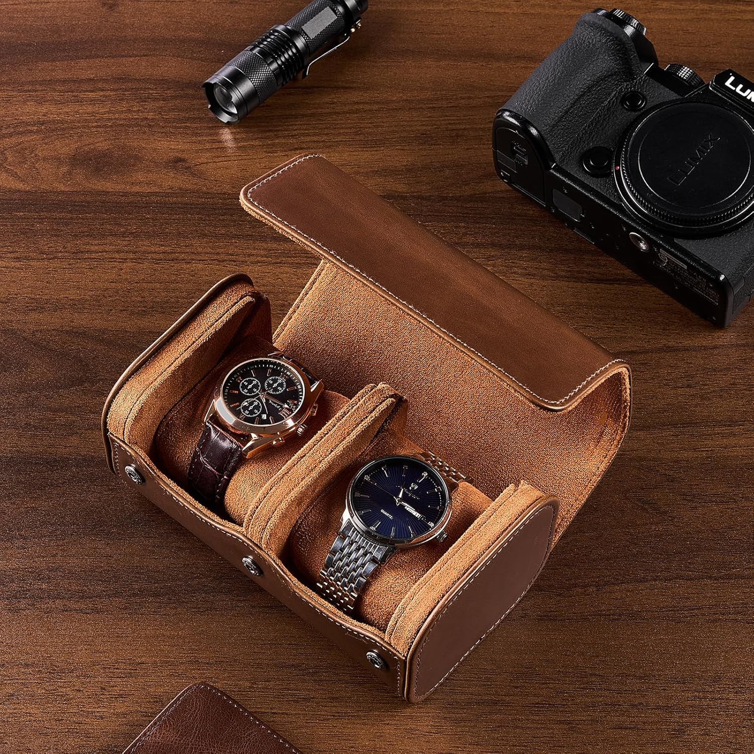 Watch Travel Case, 2 Slots PU Leather Watch Roll Box for Men, Portable Watch Holder Organizer, Gifts Ideas