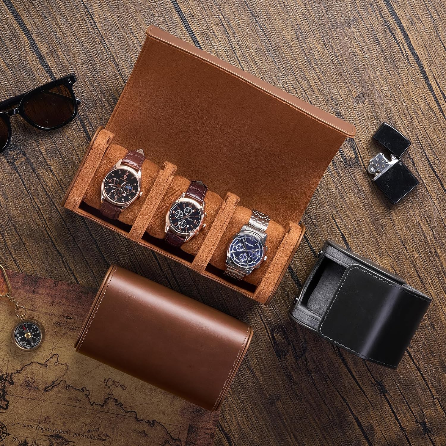 Watch Travel Case, 3 Slots PU Leather Watch Roll Box for Men, Portable Watch Holder Organizer, Gifts Ideas