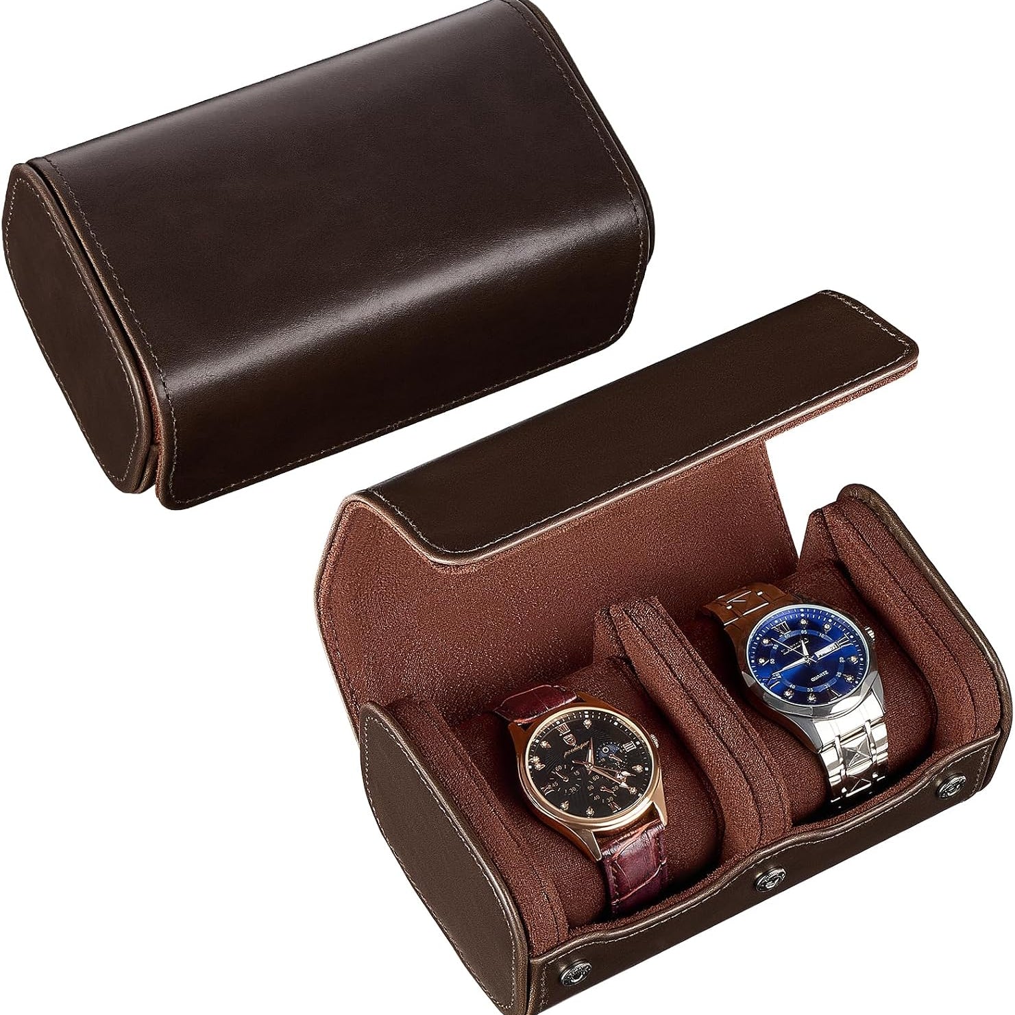 Watch Travel Case, 2 Slot Watch Roll Box for Men, Espresso