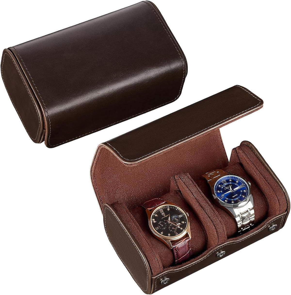 Watch Travel Case, 2 Slot Watch Roll Box for Men, Espresso
