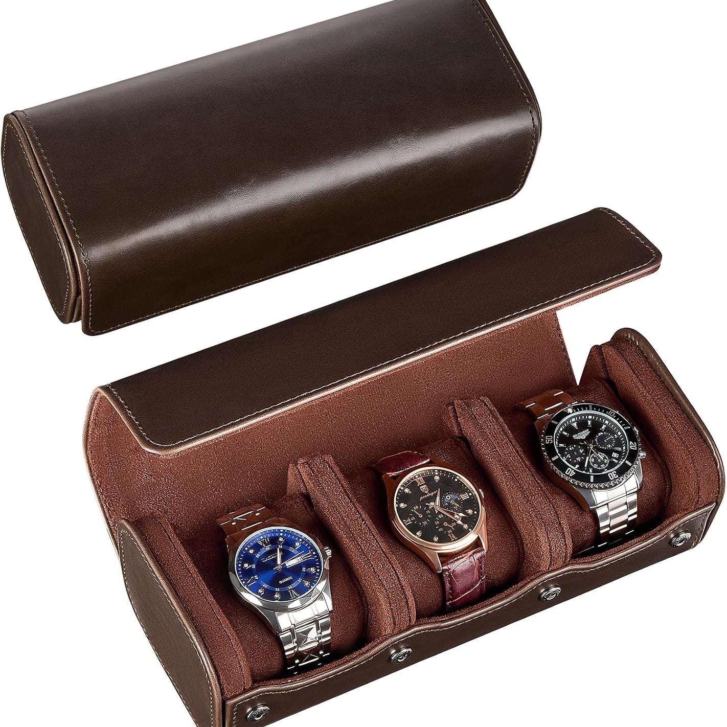 Watch Travel Case, 3 Slot Watch Roll Box for Men, Espresso