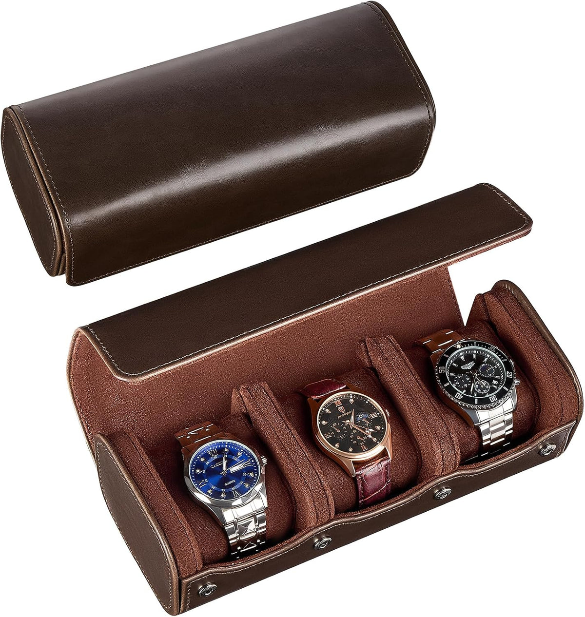 Watch Travel Case, 3 Slot Watch Roll Box for Men, Espresso