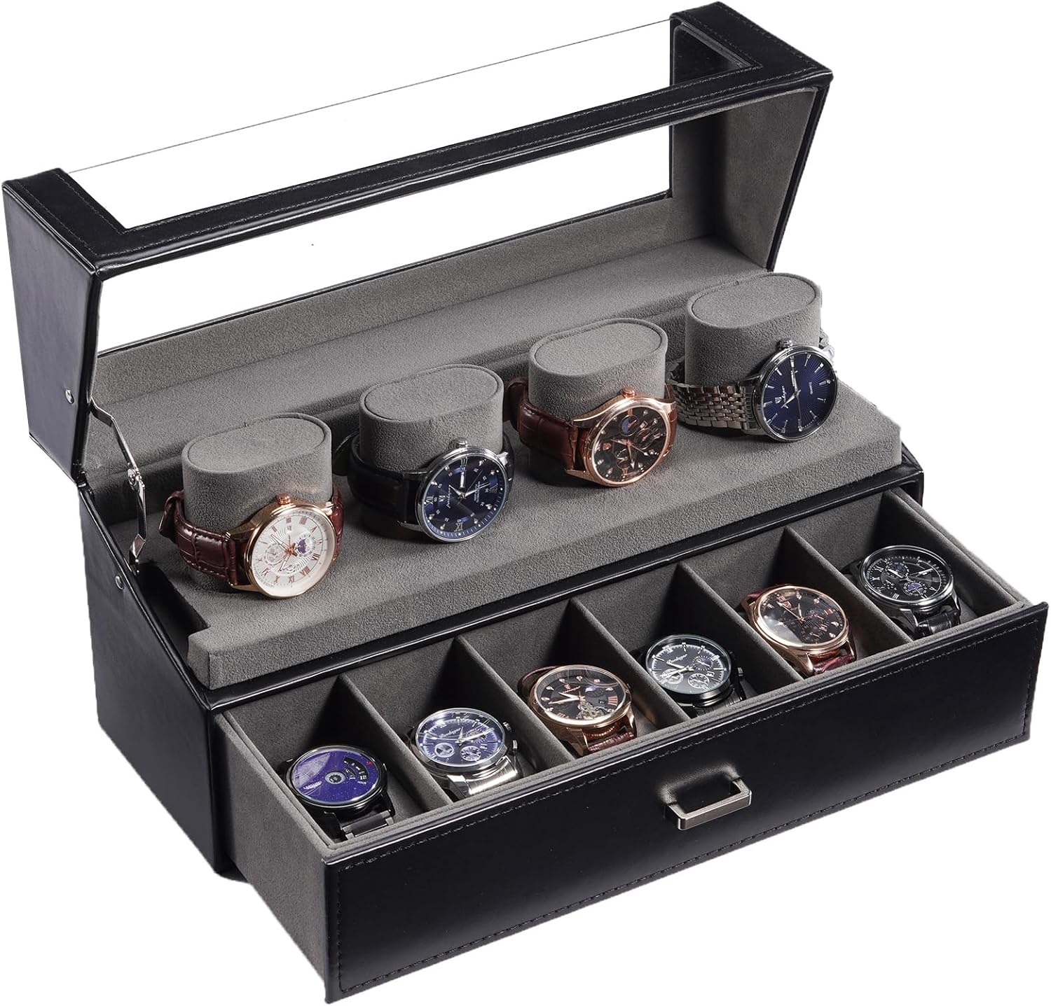 Watch Case for Men, 10 Slot Watch Display Stand with Acrylic Lid, Watch Display Case with Drawer, 2-Layer Mens Watch Box, Watch Holder Organizer for Men Women,black