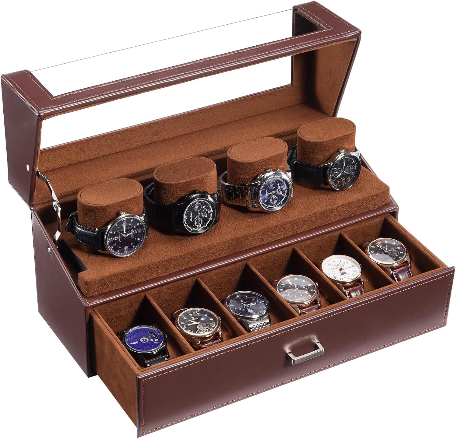 Watch Case for Men, 10 Slot Watch Display Stand with Acrylic Lid, Watch Display Case with Drawer, 2-Layer Mens Watch Box, Watch Holder Organizer for Men Women,brown