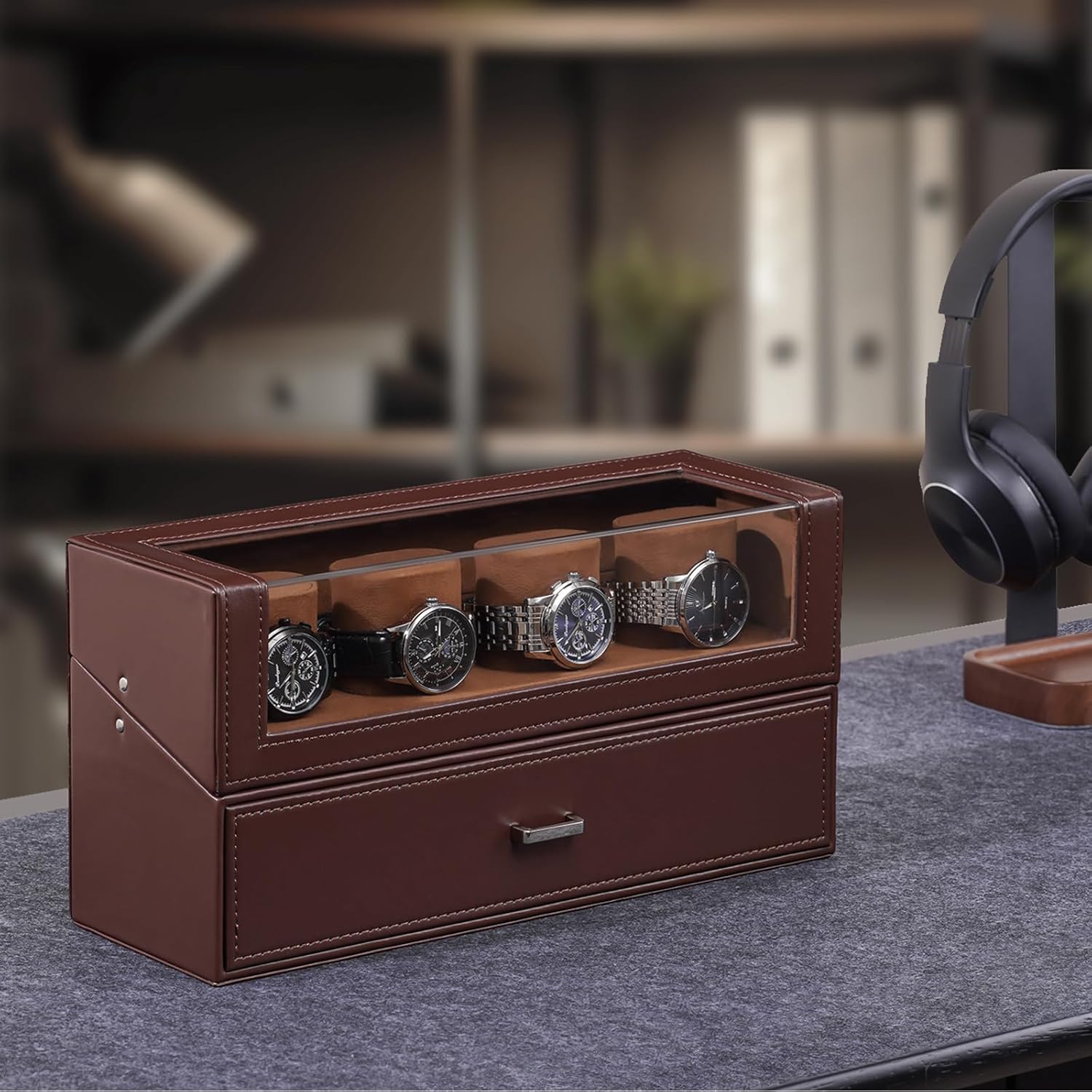 Watch Case for Men, 10 Slot Watch Display Stand with Acrylic Lid, Watch Display Case with Drawer, 2-Layer Mens Watch Box, Watch Holder Organizer for Men Women,brown