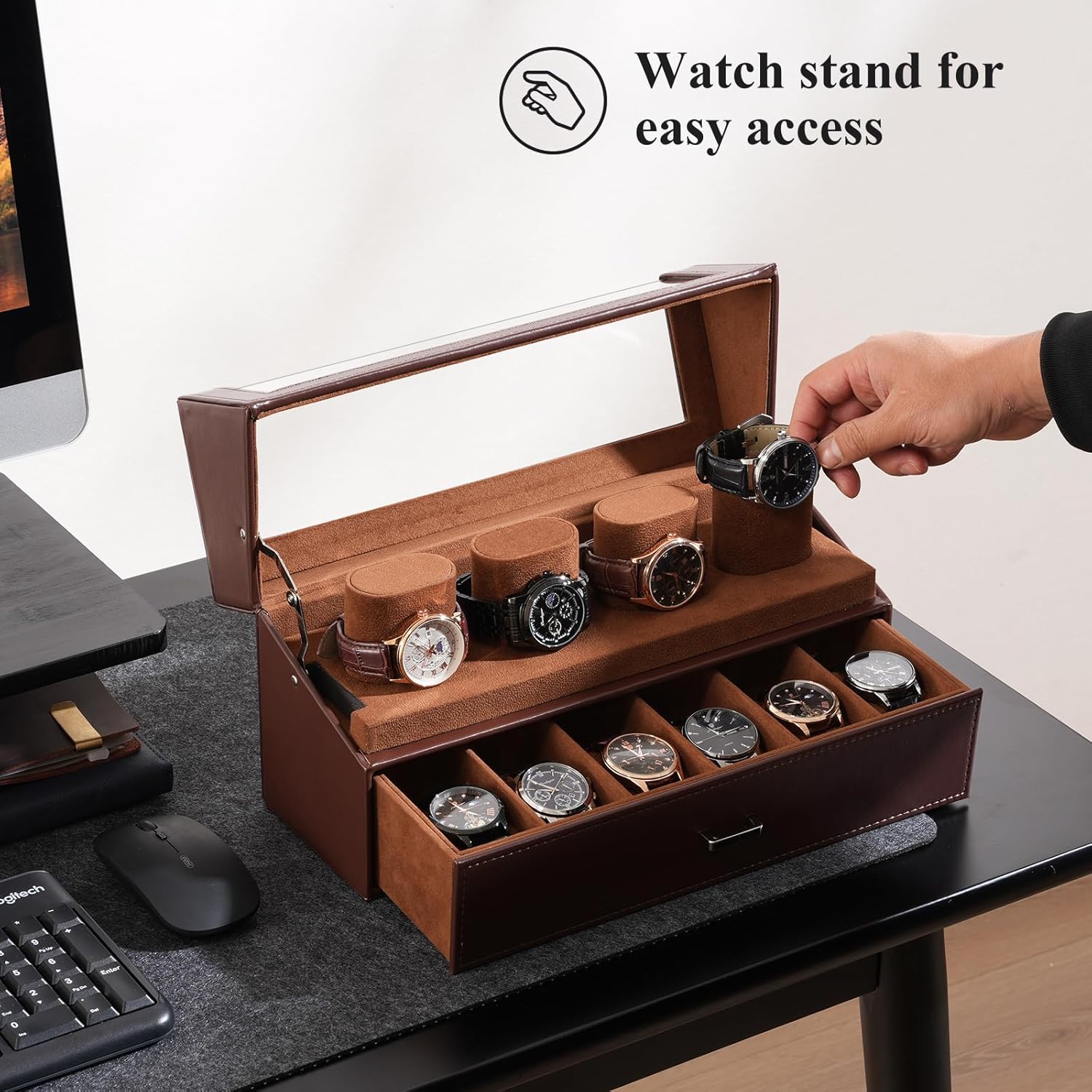 Watch Case for Men, 10 Slot Watch Display Stand with Acrylic Lid, Watch Display Case with Drawer, 2-Layer Mens Watch Box, Watch Holder Organizer for Men Women,brown