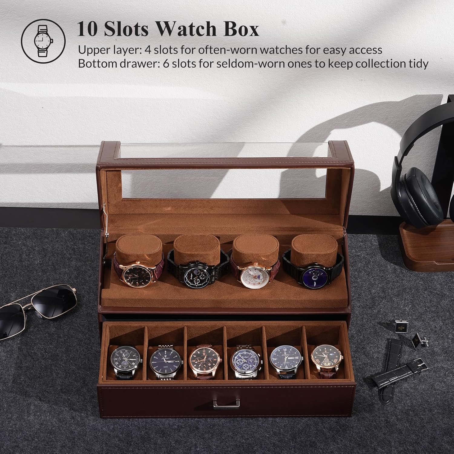 Watch Case for Men, 10 Slot Watch Display Stand with Acrylic Lid, Watch Display Case with Drawer, 2-Layer Mens Watch Box, Watch Holder Organizer for Men Women,brown