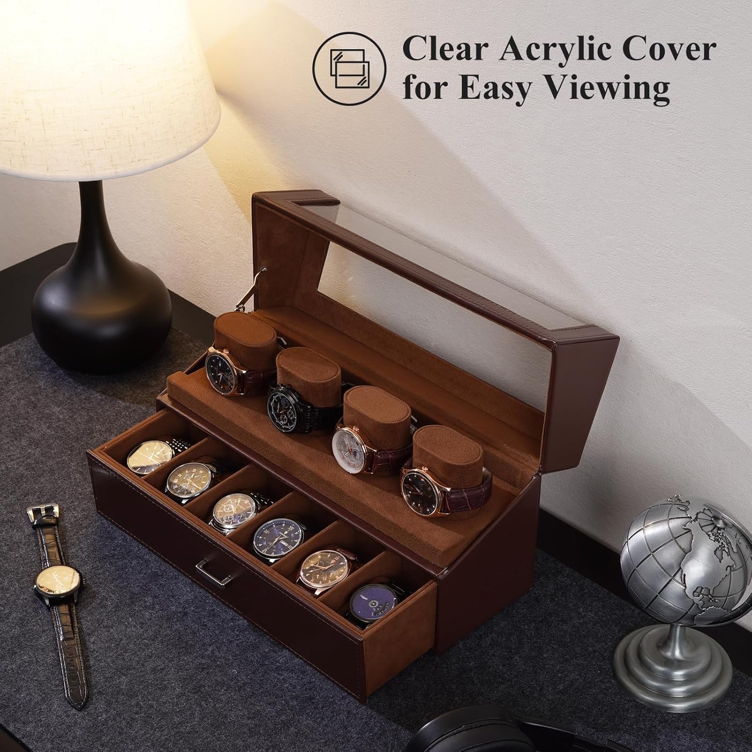 Watch Case for Men, 10 Slot Watch Display Stand with Acrylic Lid, Watch Display Case with Drawer, 2-Layer Mens Watch Box, Watch Holder Organizer for Men Women,brown