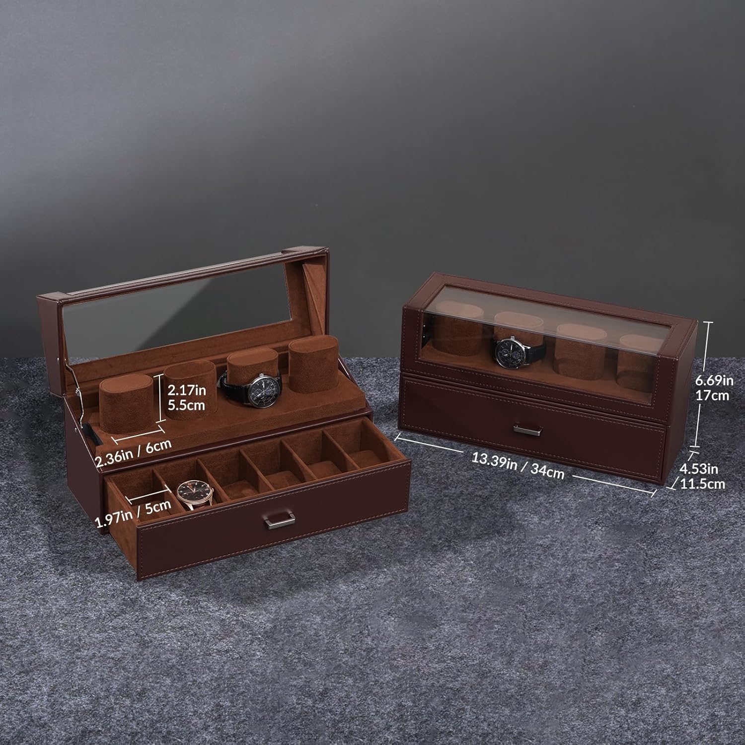 Watch Case for Men, 10 Slot Watch Display Stand with Acrylic Lid, Watch Display Case with Drawer, 2-Layer Mens Watch Box, Watch Holder Organizer for Men Women,brown