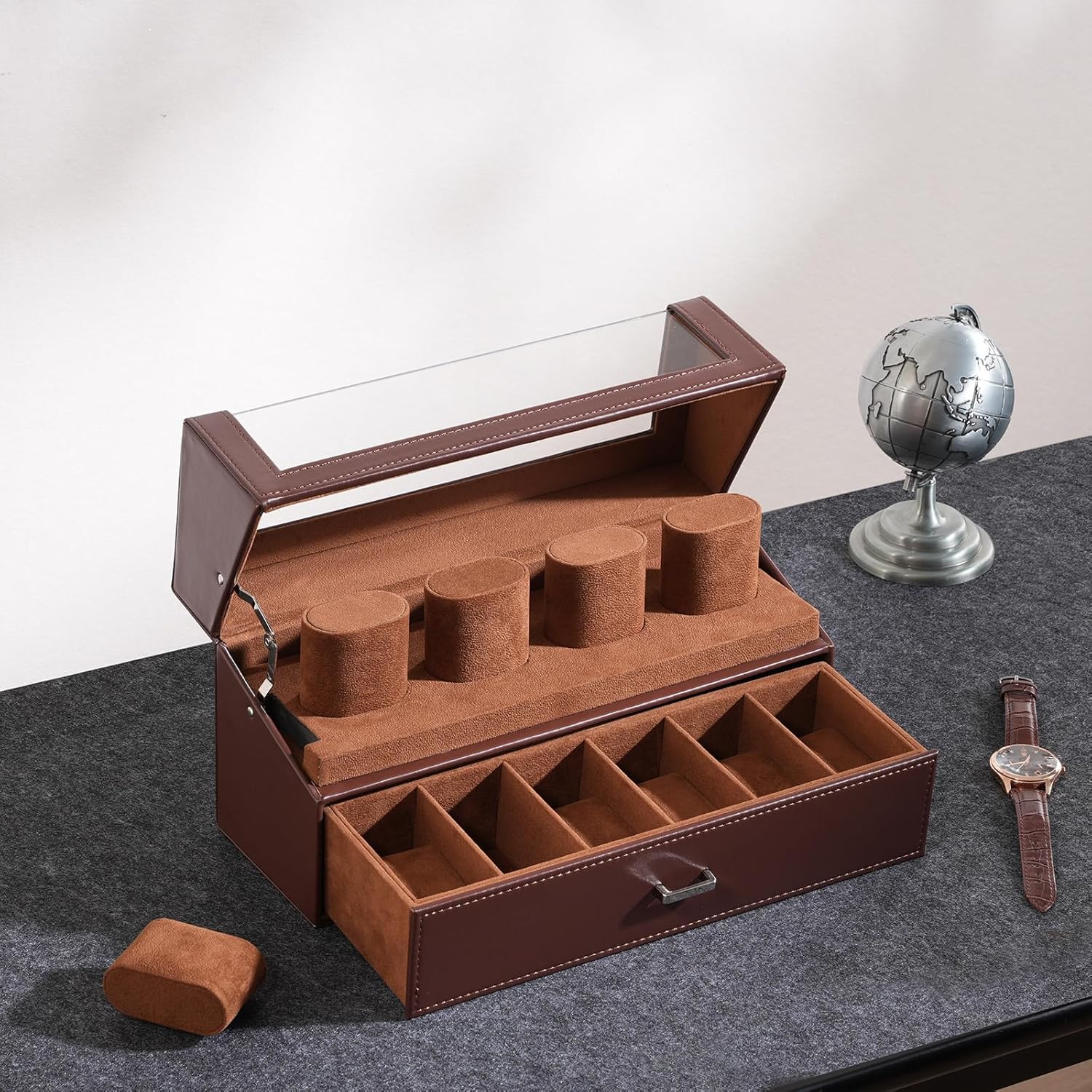 Watch Case for Men, 10 Slot Watch Display Stand with Acrylic Lid, Watch Display Case with Drawer, 2-Layer Mens Watch Box, Watch Holder Organizer for Men Women,brown