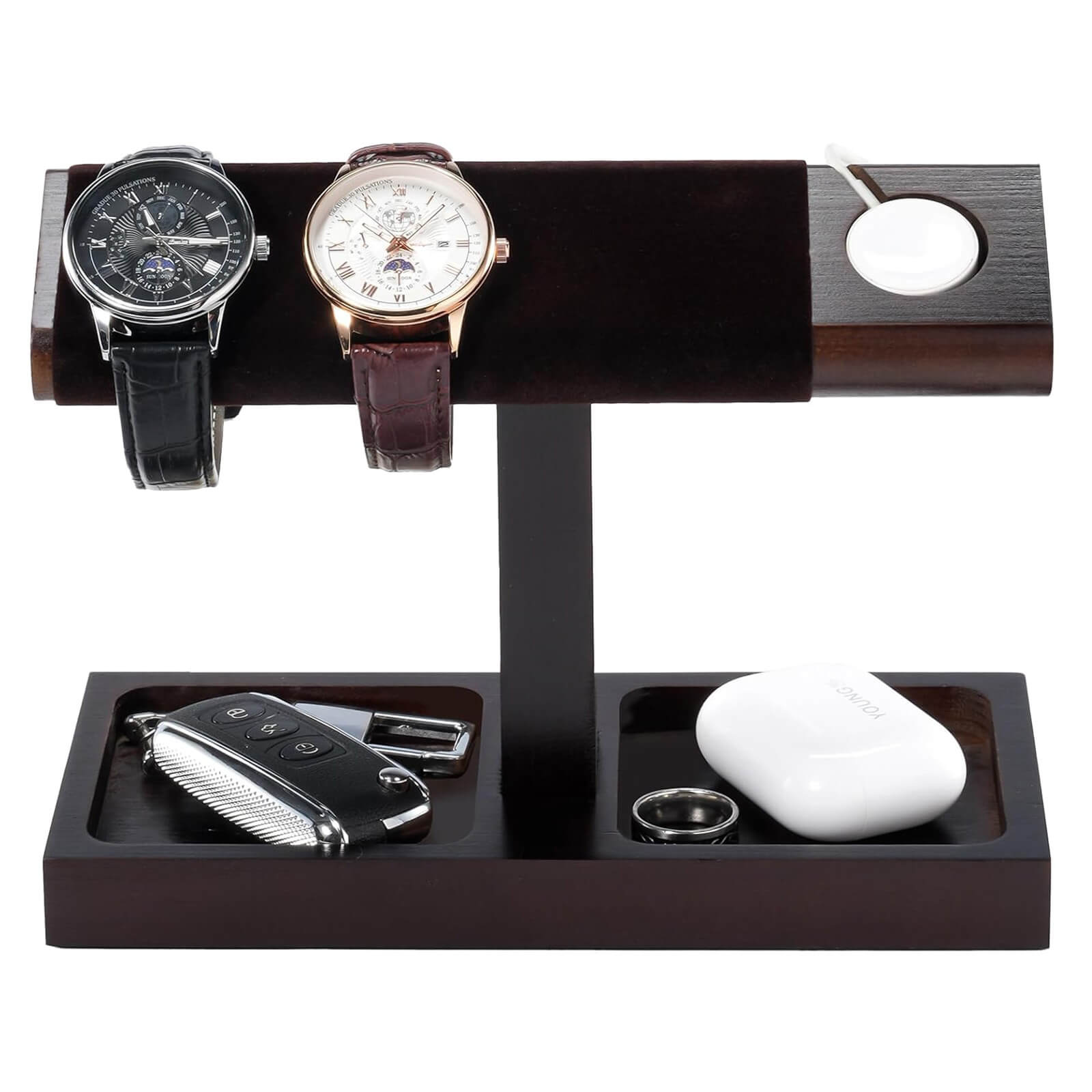 Wooden jewelry stand with two watches, a car key, and a white object on
