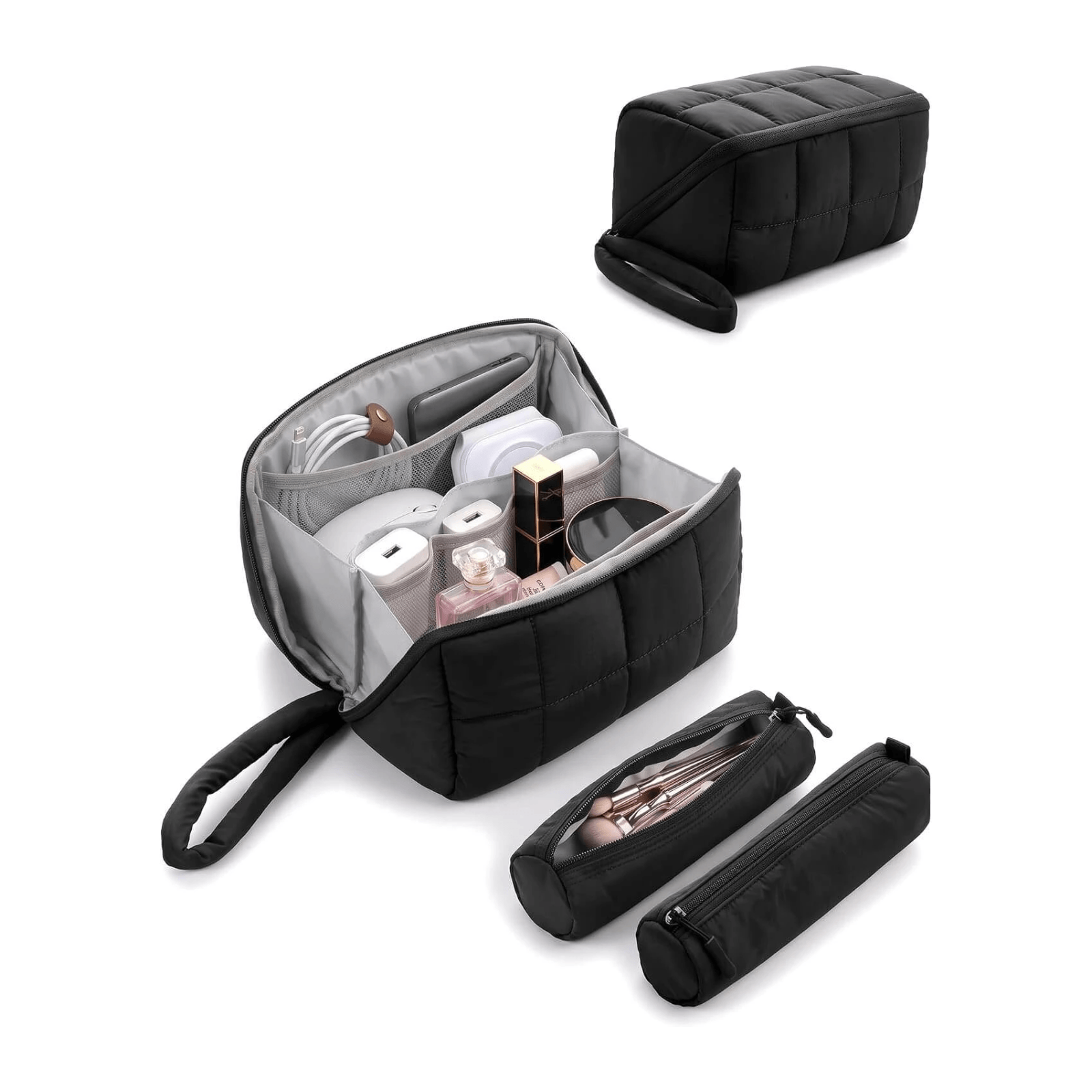 A black puffy tech pouch shown on a white background, including an open case filled with toiletries, a closed rectangular case, and two slim cylindrical pouches.