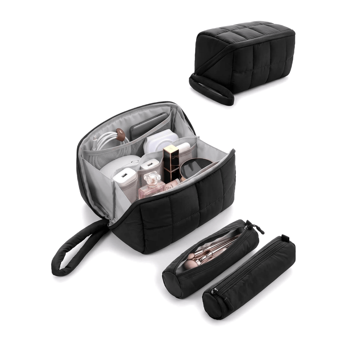 A black puffy tech pouch shown on a white background, including an open case filled with toiletries, a closed rectangular case, and two slim cylindrical pouches.