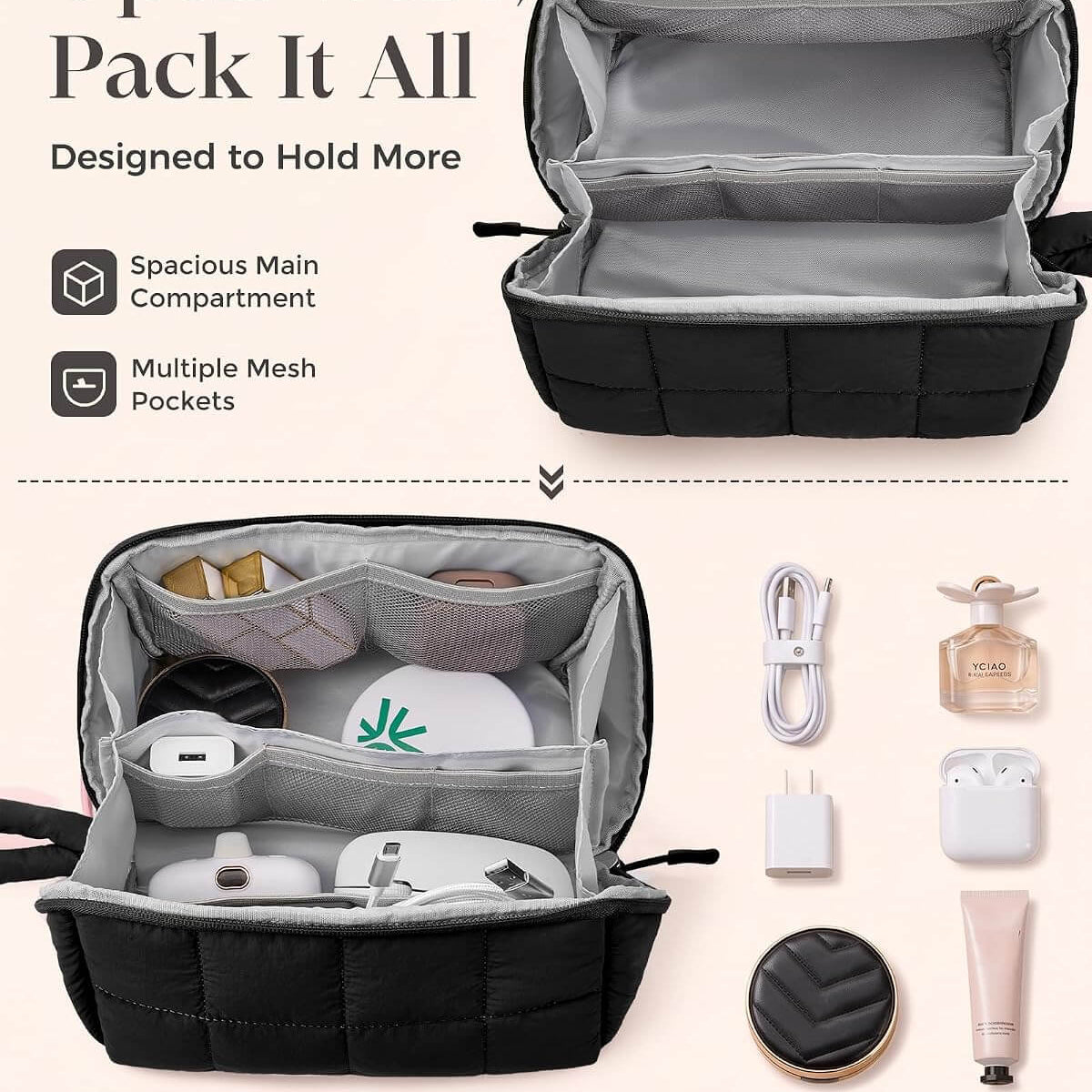 A black puffy tech pouch shown open wide on a light beige background, with text describing its spacious main compartment and multiple mesh pockets. The lower section shows the pouch packed with tech accessories, cosmetics, and daily essentials, alongside small product icons and labels.