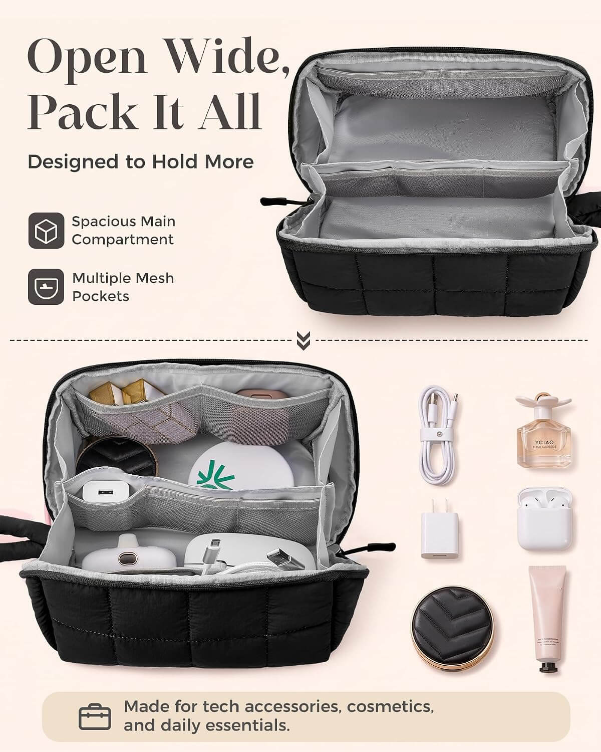 A black puffy tech pouch shown open wide on a light beige background, with text describing its spacious main compartment and multiple mesh pockets. The lower section shows the pouch packed with tech accessories, cosmetics, and daily essentials, alongside small product icons and labels.