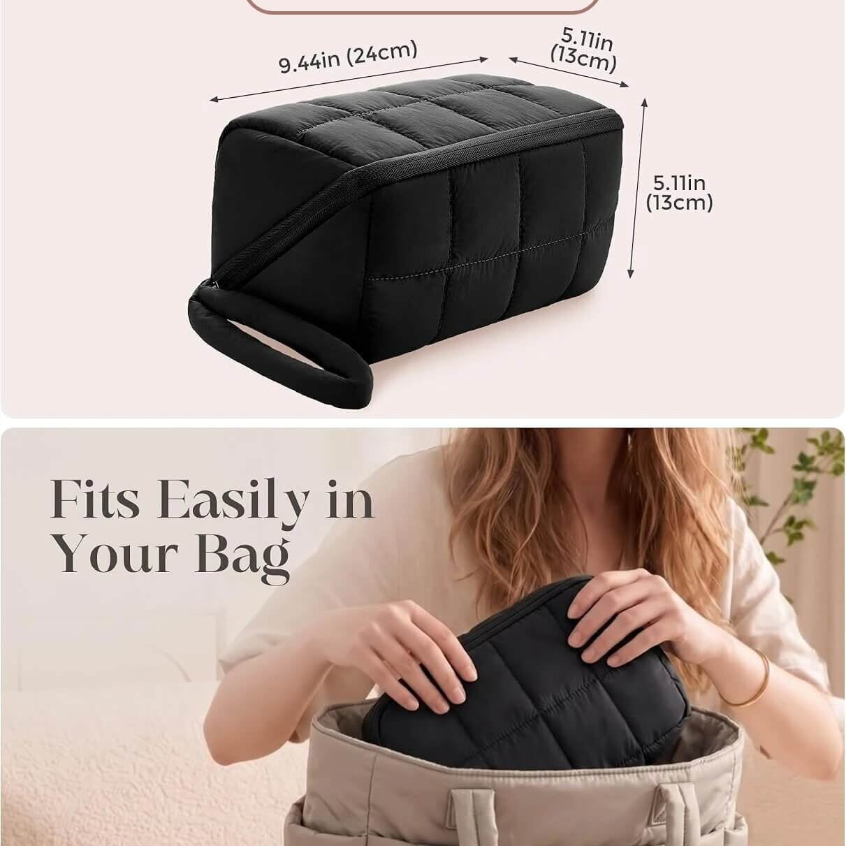 A two-panel product graphic showing a black puffy tech pouch with dimension labels at the top and a lifestyle inset at the bottom showing a woman placing a matching black pouch into a beige tote bag. Text reads 'L With 2 Separate Pouches' and 'Fits Easily in Your Bag.