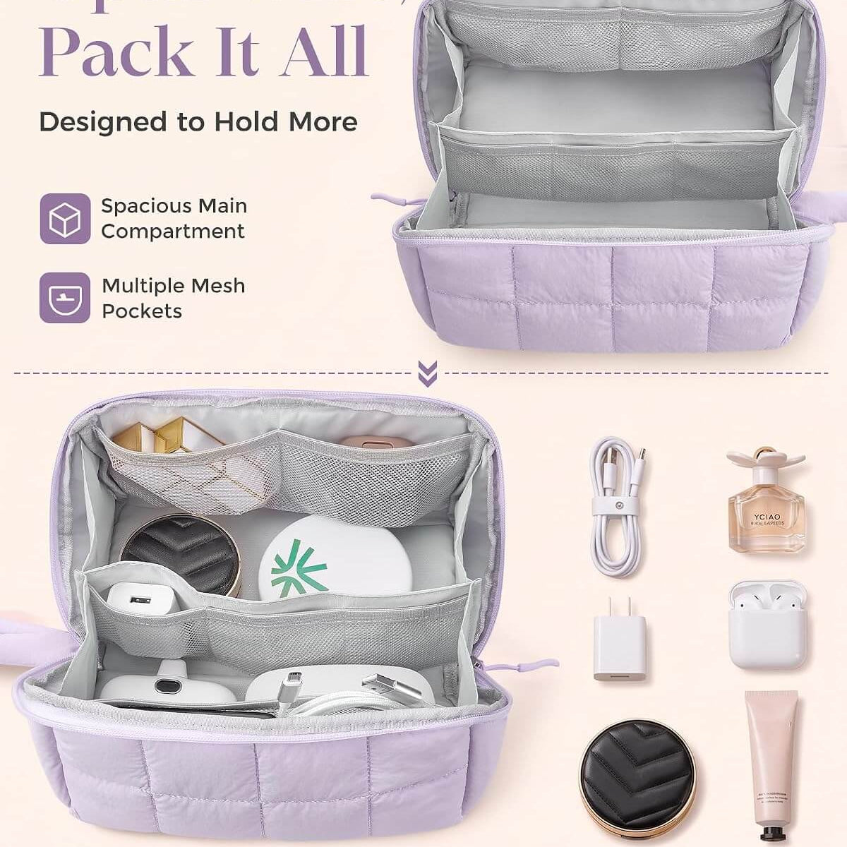 A lavender puffy tech pouch shown open wide on a pale pink background, with text describing its spacious main compartment and multiple mesh pockets. The bag is shown empty at the top and filled with tech accessories, cosmetics, and daily essentials at the bottom, alongside small product icons and labels.