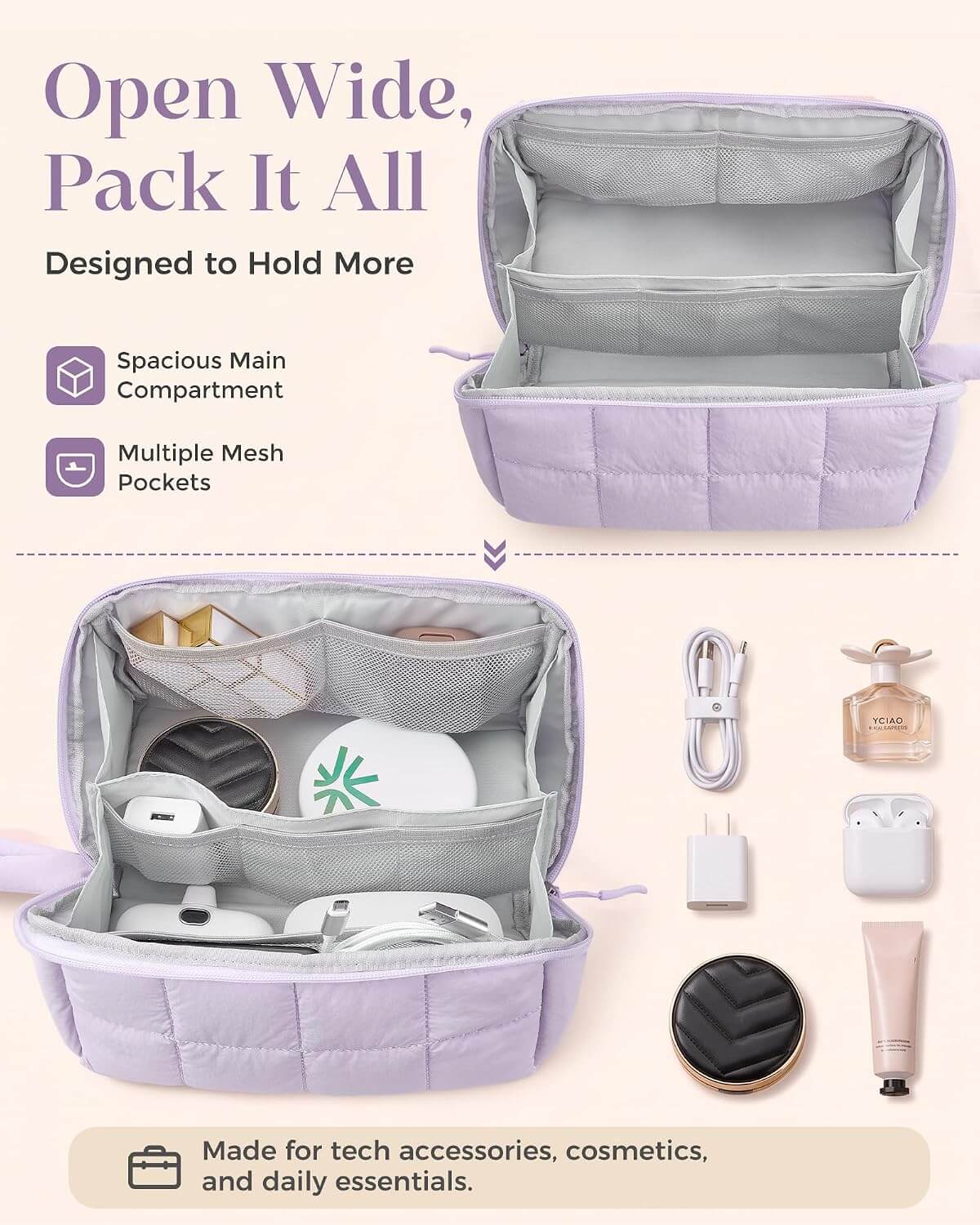 A lavender puffy tech pouch shown open wide on a pale pink background, with text describing its spacious main compartment and multiple mesh pockets. The bag is shown empty at the top and filled with tech accessories, cosmetics, and daily essentials at the bottom, alongside small product icons and labels.