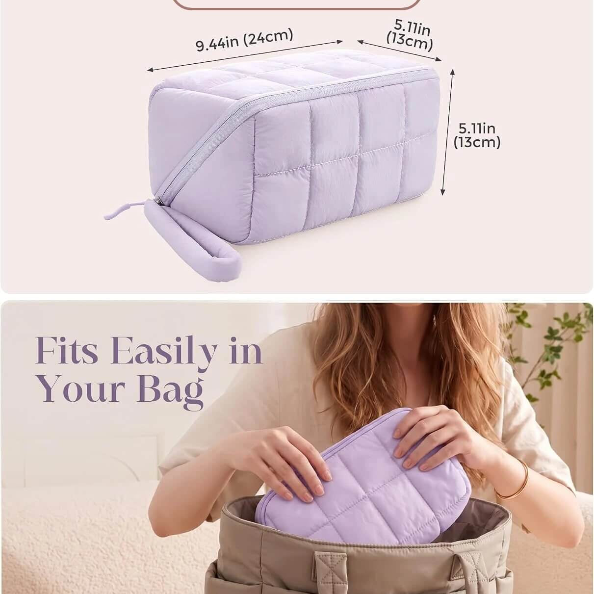 A two-panel product listing image showing a lavender puffy tech pouch with separate pockets. The top panel shows the pouch with dimension labels and text reading 'L With 2 Separate Pouches.