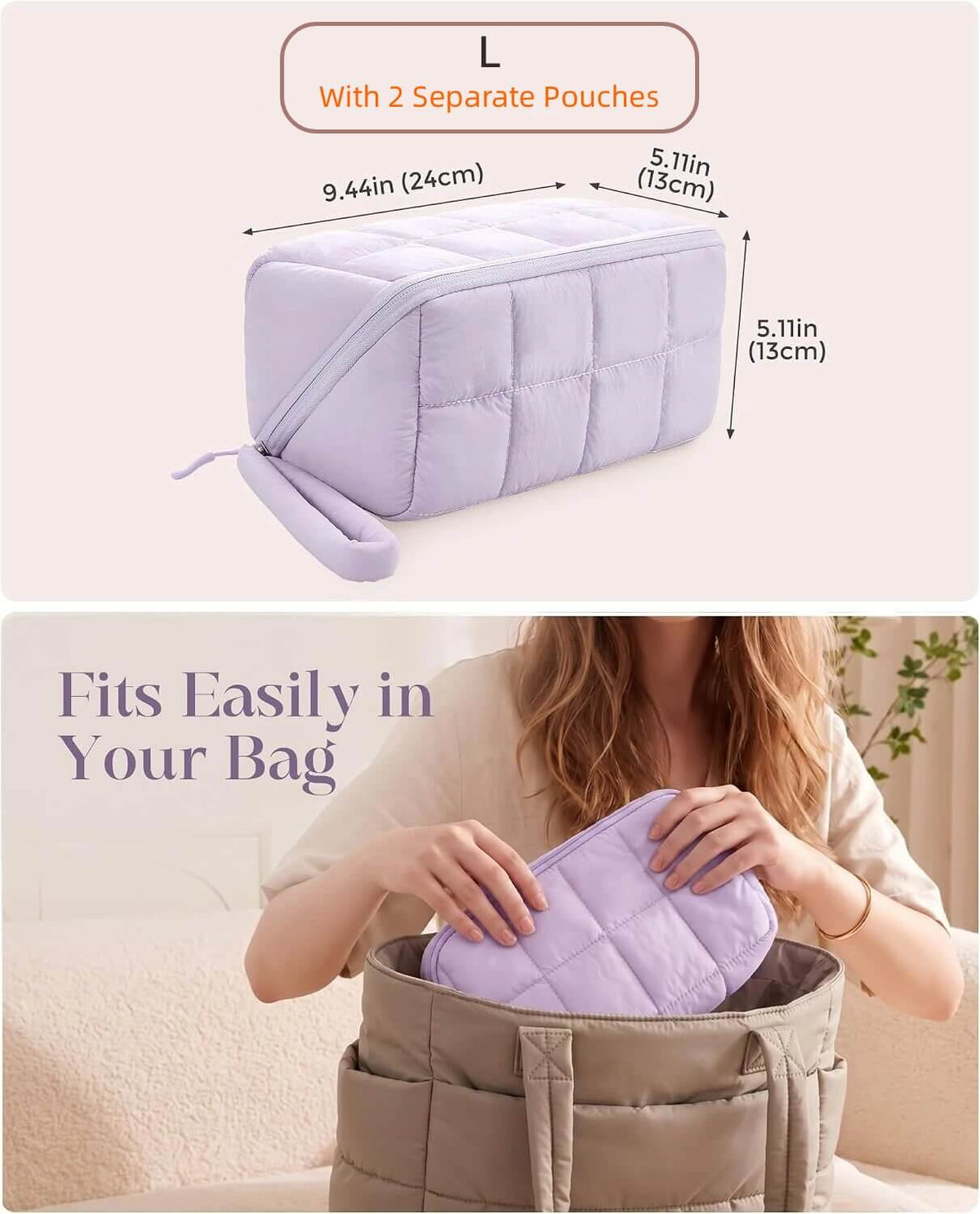 A two-panel product listing image showing a lavender puffy tech pouch with separate pockets. The top panel shows the pouch with dimension labels and text reading 'L With 2 Separate Pouches.