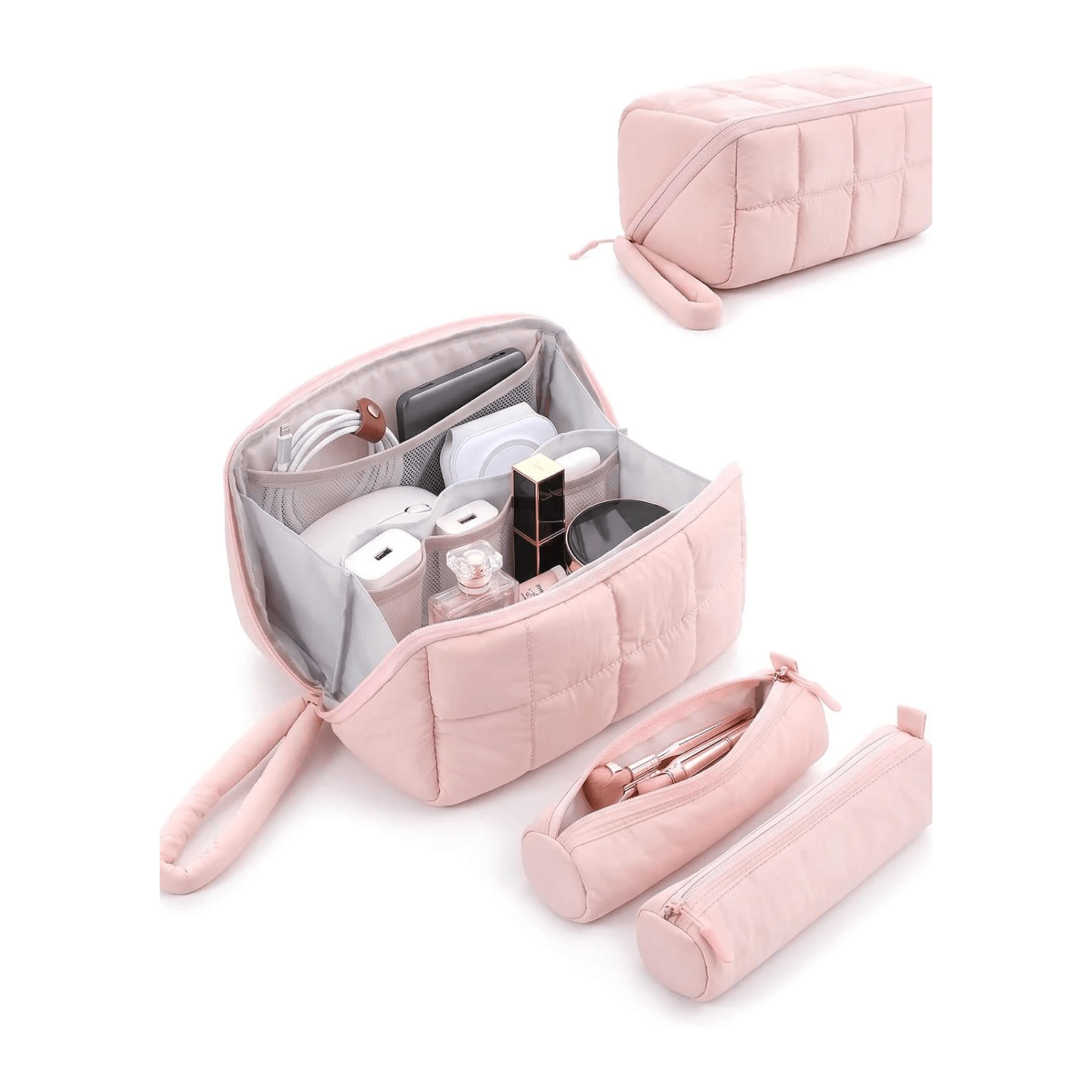 A light pink puffy tech pouch shown in three views on a white background: one open with makeup items inside, one closed at the top right, and two closed views showing different zipper/length configurations.