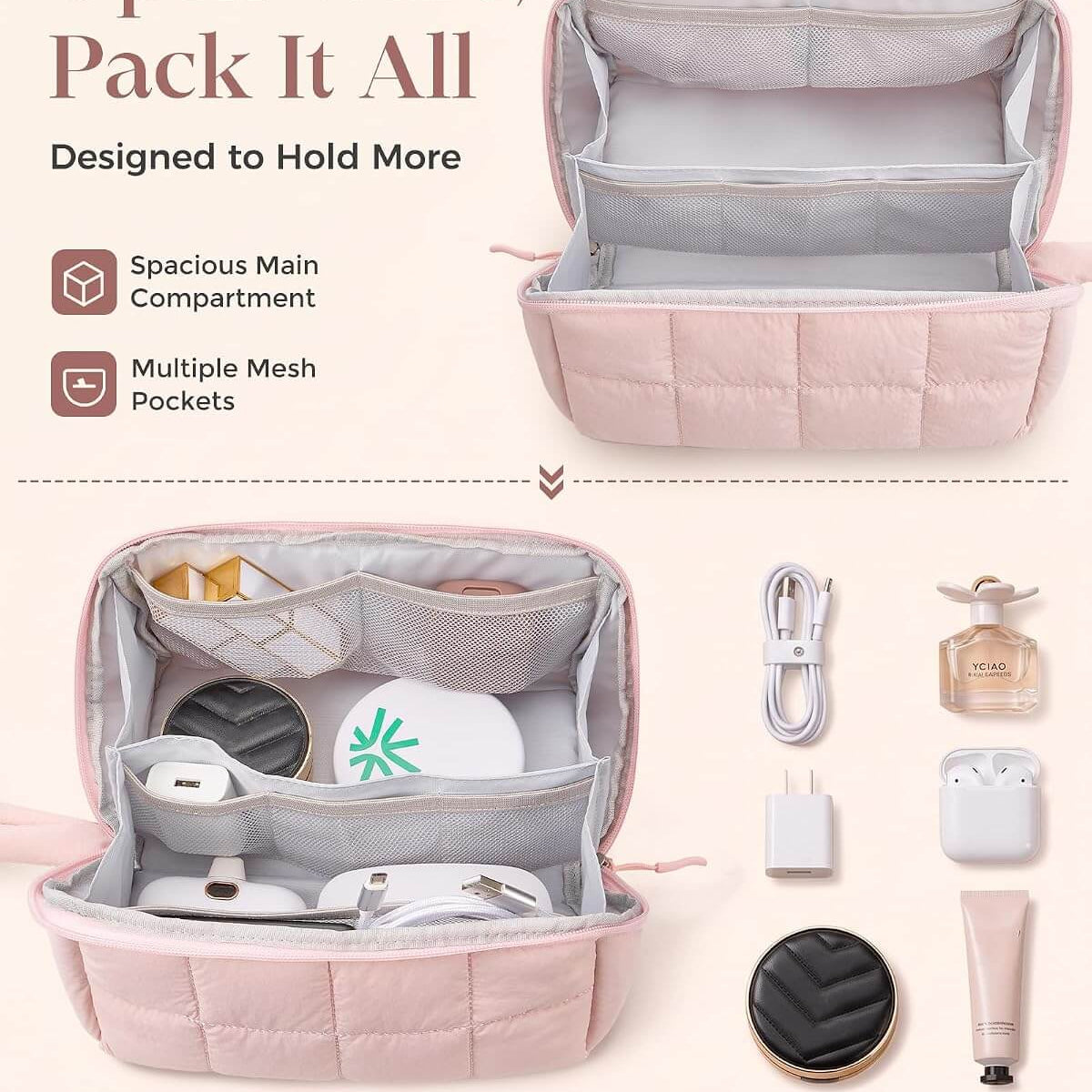 A pink puffy tech pouch shown open on a light beige background, with text describing its spacious main compartment and mesh pockets, plus small accessory icons and examples of items it can hold.