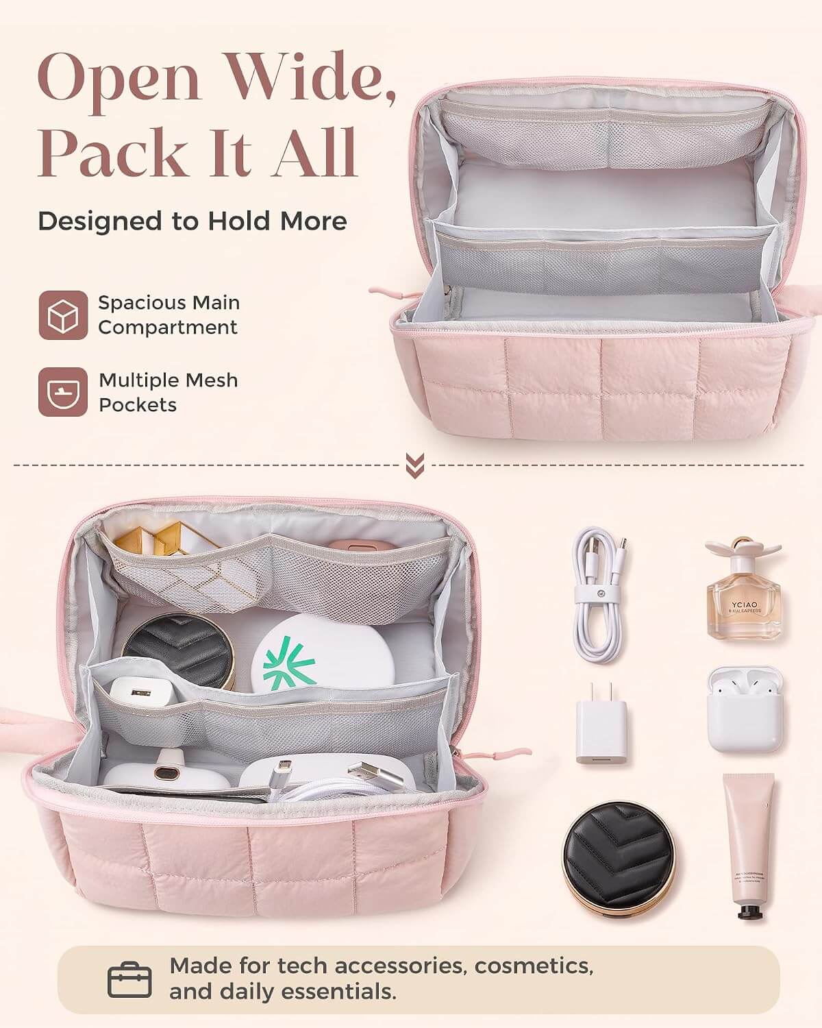 A pink puffy tech pouch shown open on a light beige background, with text describing its spacious main compartment and mesh pockets, plus small accessory icons and examples of items it can hold.