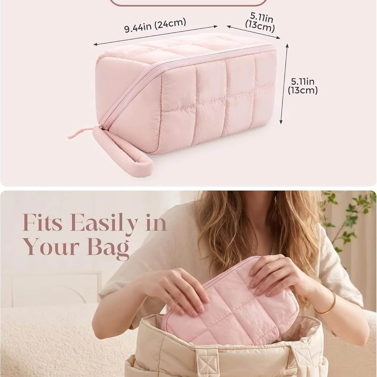 A pink puffy tech pouch shown in a two-panel listing image. The top panel displays the pouch with dimension labels indicating measurements of 9.