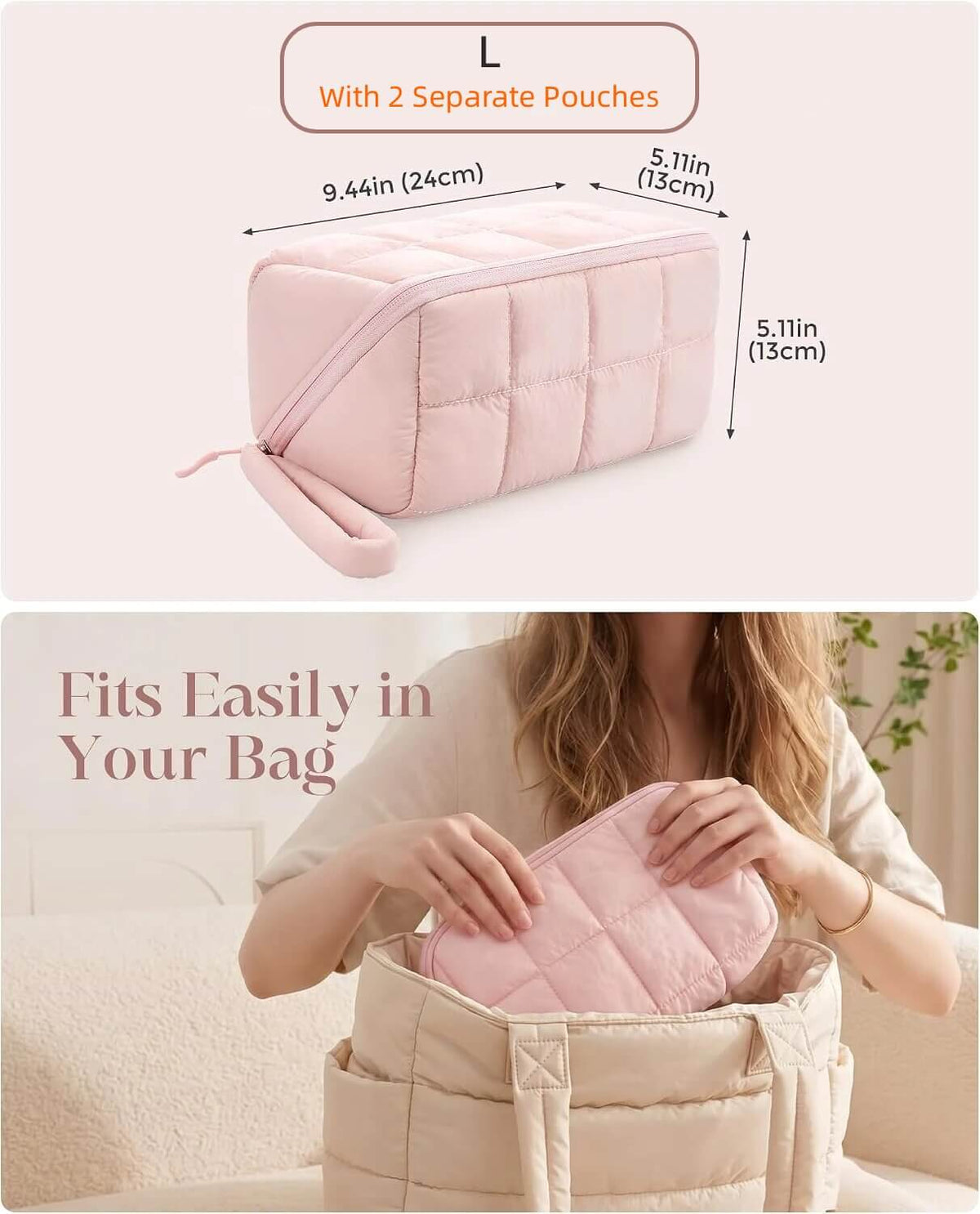 A pink puffy tech pouch shown in a two-panel listing image. The top panel displays the pouch with dimension labels indicating measurements of 9.