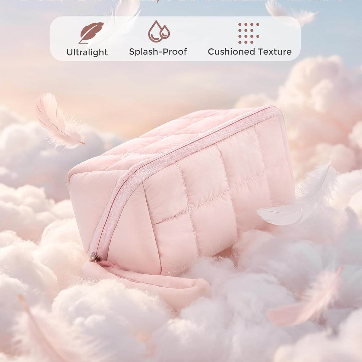 A light pink puffy tech pouch with a hand strap, resting on fluffy white clouds with floating feathers. The top of the image features marketing text reading 'Soft Touch, Cloudlike Ease' and three feature icons for 'Ultralight', 'Splash-Proof', and 'Cushioned Texture'.