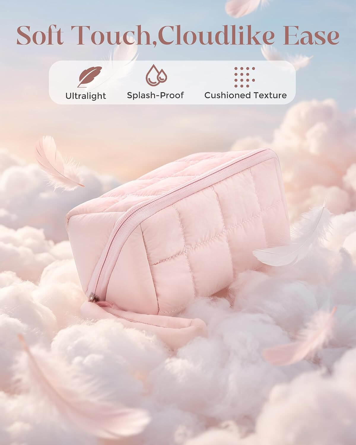 A light pink puffy tech pouch with a hand strap, resting on fluffy white clouds with floating feathers. The top of the image features marketing text reading 'Soft Touch, Cloudlike Ease' and three feature icons for 'Ultralight', 'Splash-Proof', and 'Cushioned Texture'.