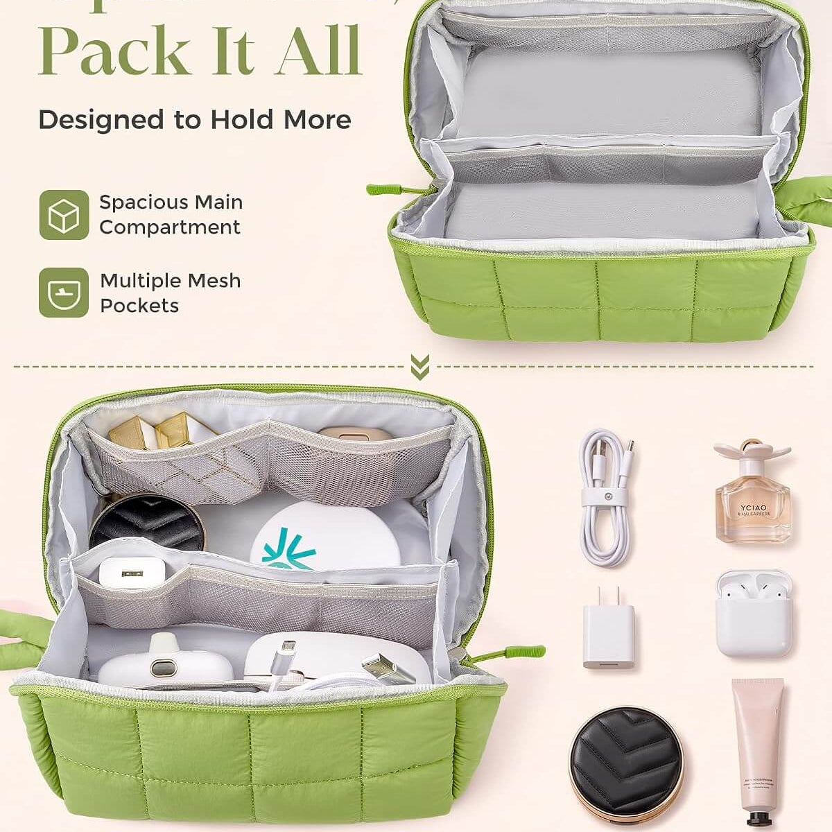 A green puffy tech pouch shown open, with text and icons describing its spacious main compartment and multiple mesh pockets. The lower section shows the case packed with tech accessories, cosmetics, and daily essentials, on a light beige background.