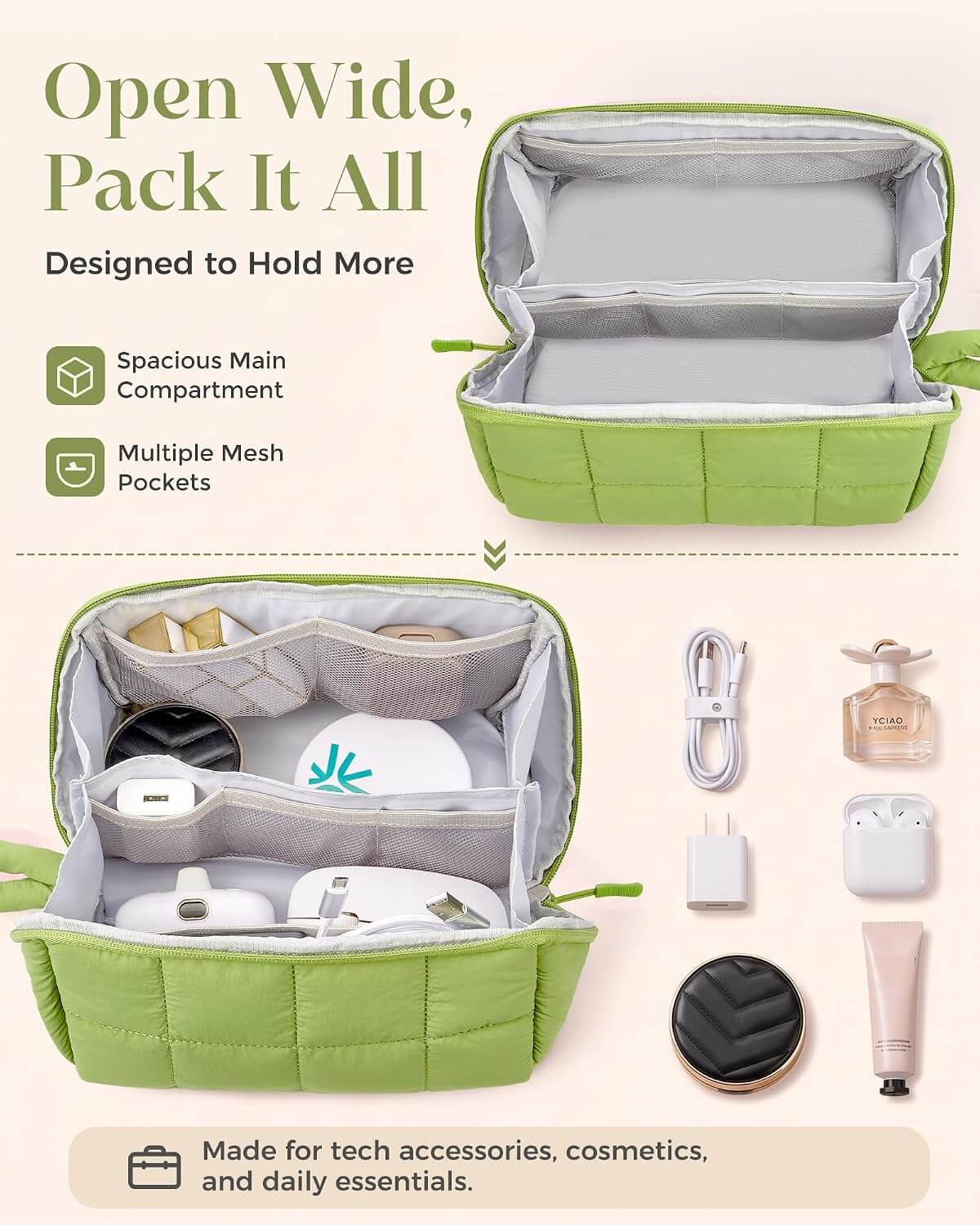A green puffy tech pouch shown open, with text and icons describing its spacious main compartment and multiple mesh pockets. The lower section shows the case packed with tech accessories, cosmetics, and daily essentials, on a light beige background.