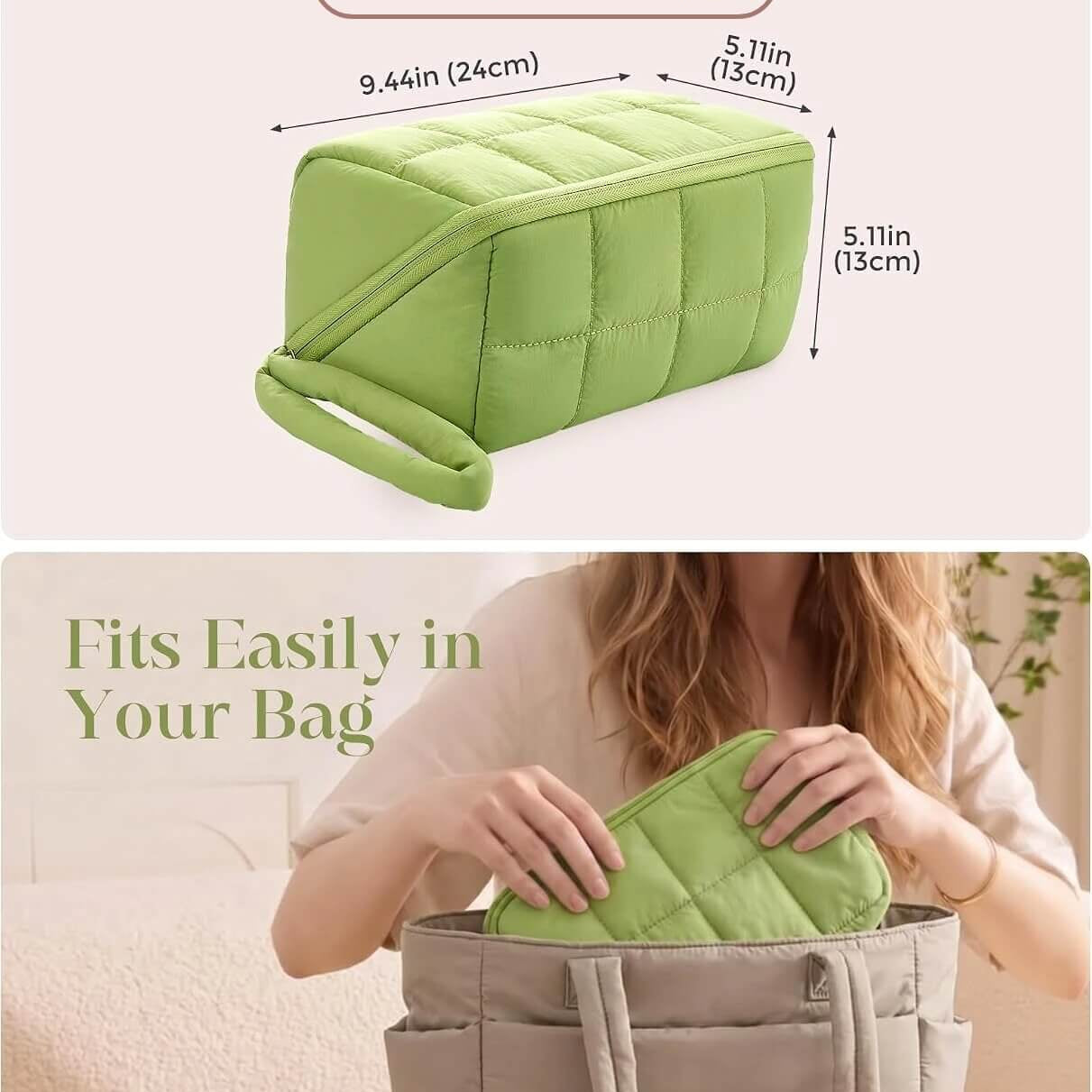 A green puffy tech pouch shown with dimension labels and text reading 'L With 2 Separate Pouches,' plus a lower photo of a woman putting the pouch into a beige tote bag with the text 'Fits Easily in Your Bag.'.
