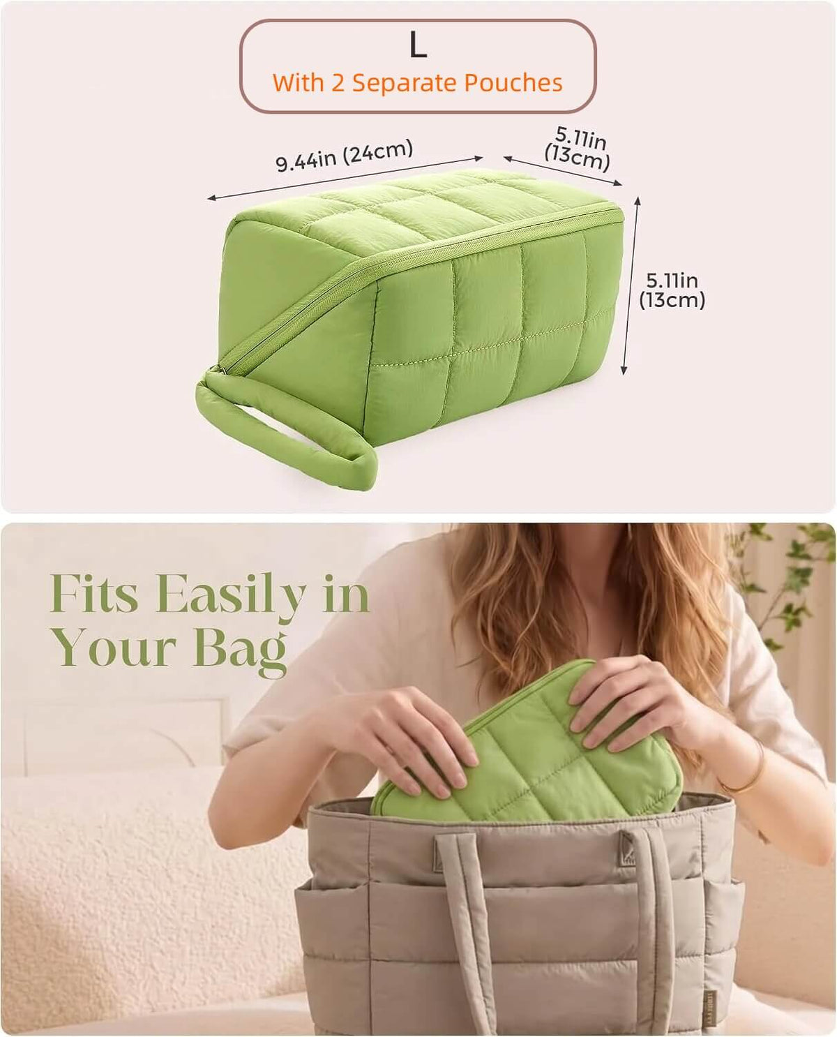 A green puffy tech pouch shown with dimension labels and text reading 'L With 2 Separate Pouches,' plus a lower photo of a woman putting the pouch into a beige tote bag with the text 'Fits Easily in Your Bag.'.