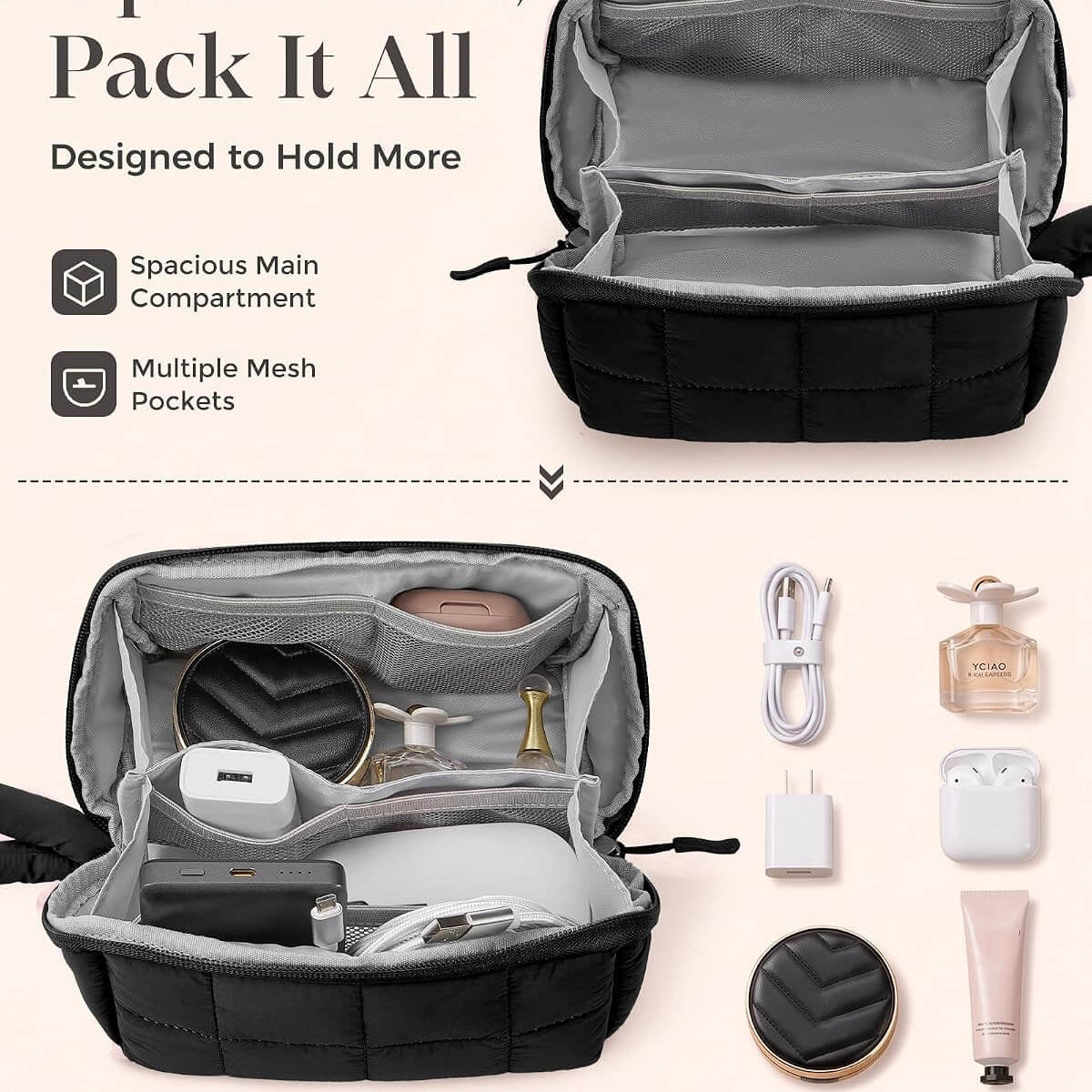 A black and gray puffy tech pouch shown open wide on a light beige background, with text reading 'Open Wide, Pack It All' and feature callouts. The bag contains multiple compartments and is shown holding tech accessories, cosmetics, and daily essentials, with the accessories arranged beside it.