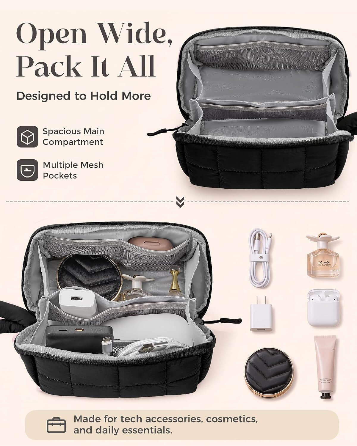 A black and gray puffy tech pouch shown open wide on a light beige background, with text reading 'Open Wide, Pack It All' and feature callouts. The bag contains multiple compartments and is shown holding tech accessories, cosmetics, and daily essentials, with the accessories arranged beside it.