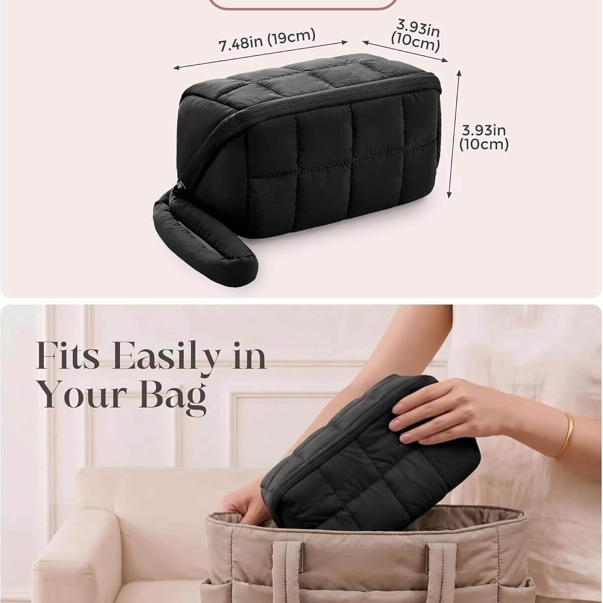A two-panel product graphic showing a black puffy tech pouch with a zipper and wrist loop. The top panel shows the pouch alone with dimension labels and text reading 'No Extra Pouches' and 'M'.