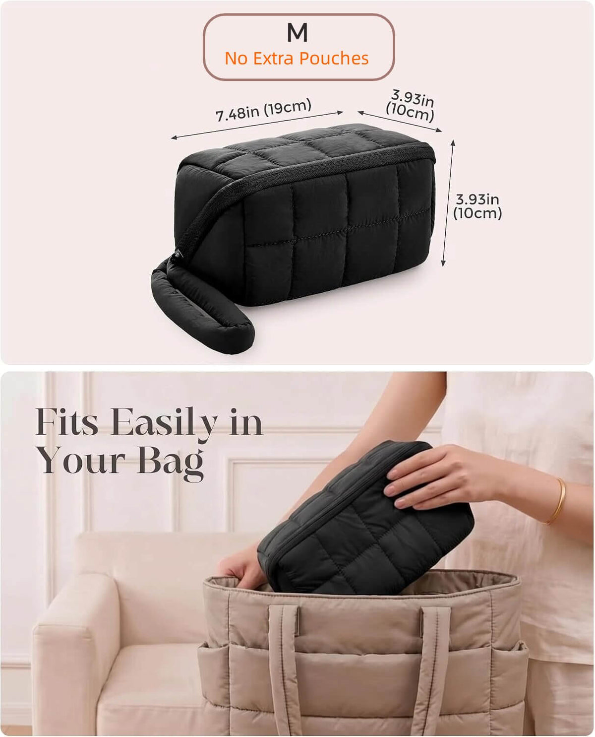 A two-panel product graphic showing a black puffy tech pouch with a zipper and wrist loop. The top panel shows the pouch alone with dimension labels and text reading 'No Extra Pouches' and 'M'.