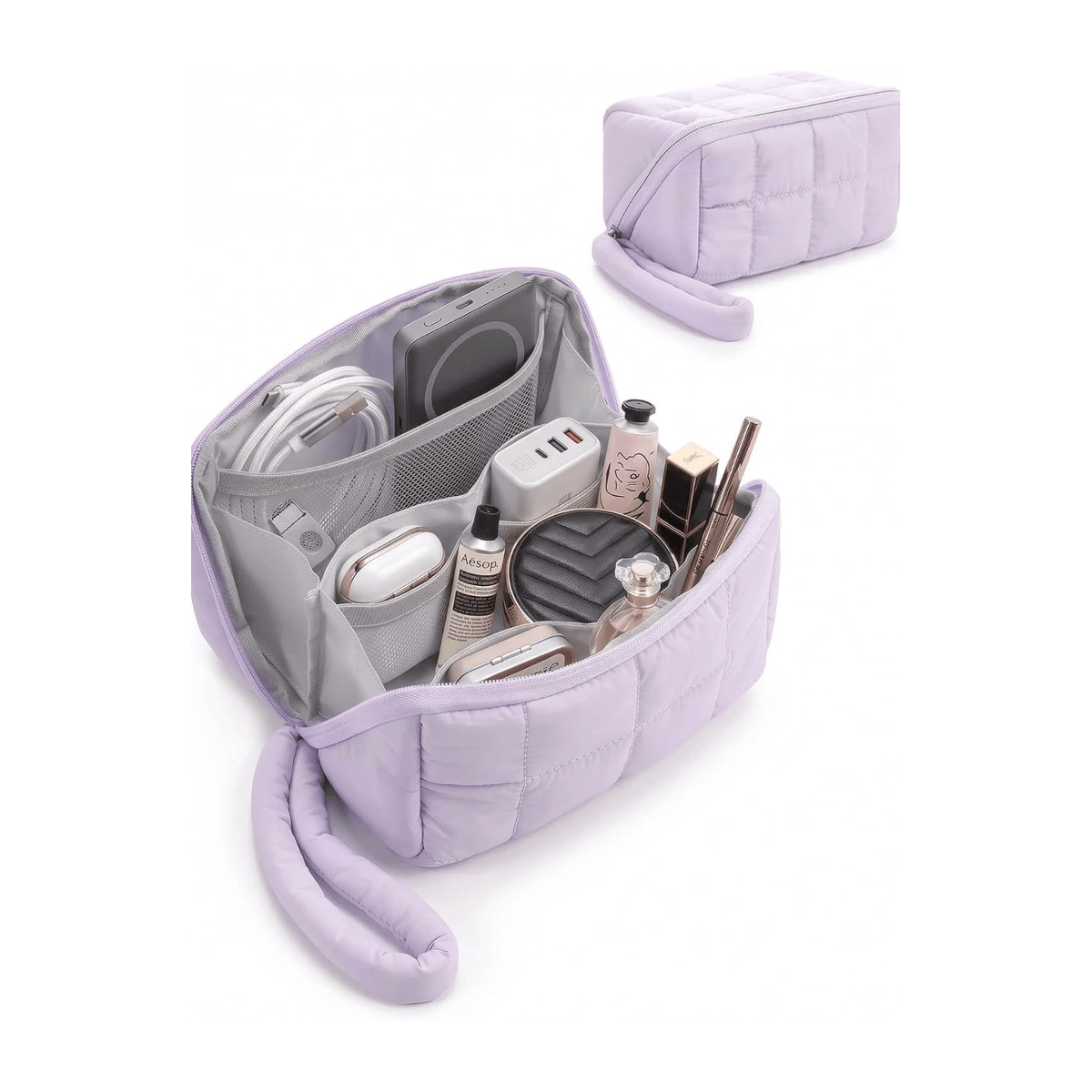 A lavender puffy tech pouch shown open with various cosmetics and accessories inside, plus a smaller closed view of the same bag in the upper right.